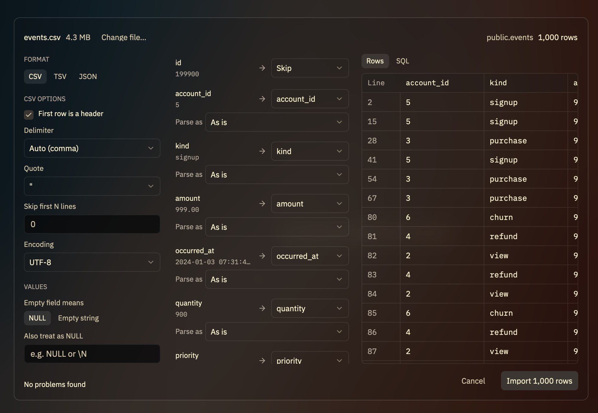 Importing events.csv: format options on the left, each file column mapped to a table column, and a preview of the rows