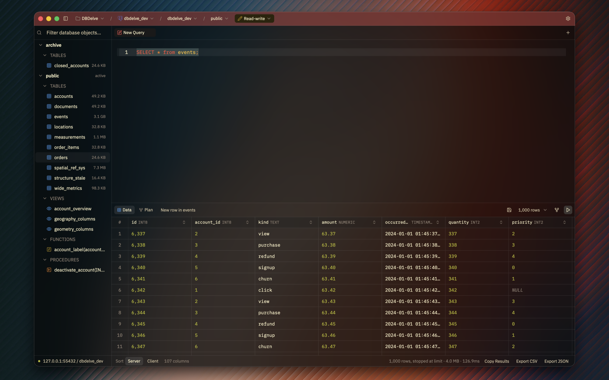 DBDelve in Gruvbox Dark Glass: a SELECT on the events table in the editor and its result grid below