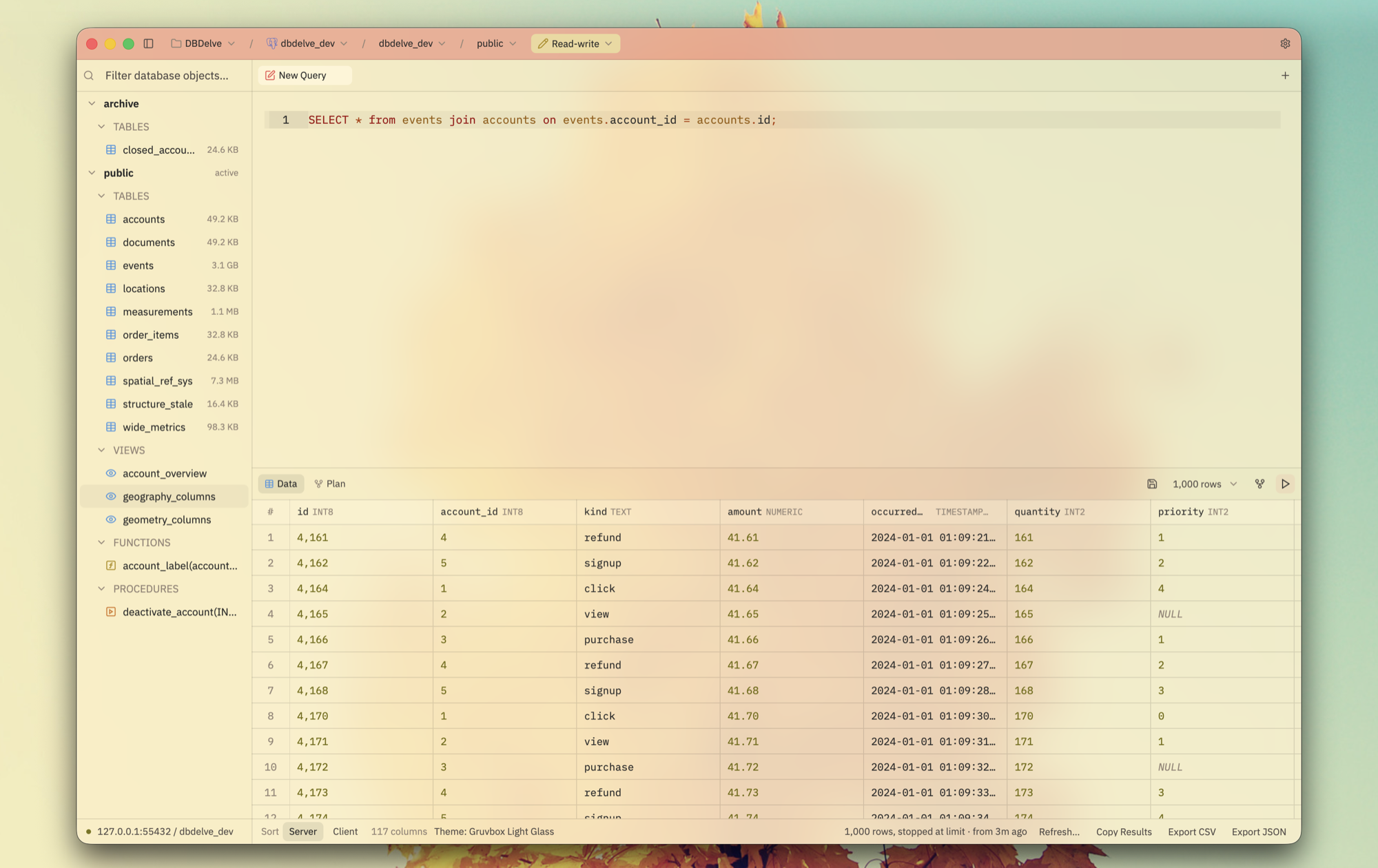 DBDelve in Gruvbox Light Glass: a join in the editor and its result grid below