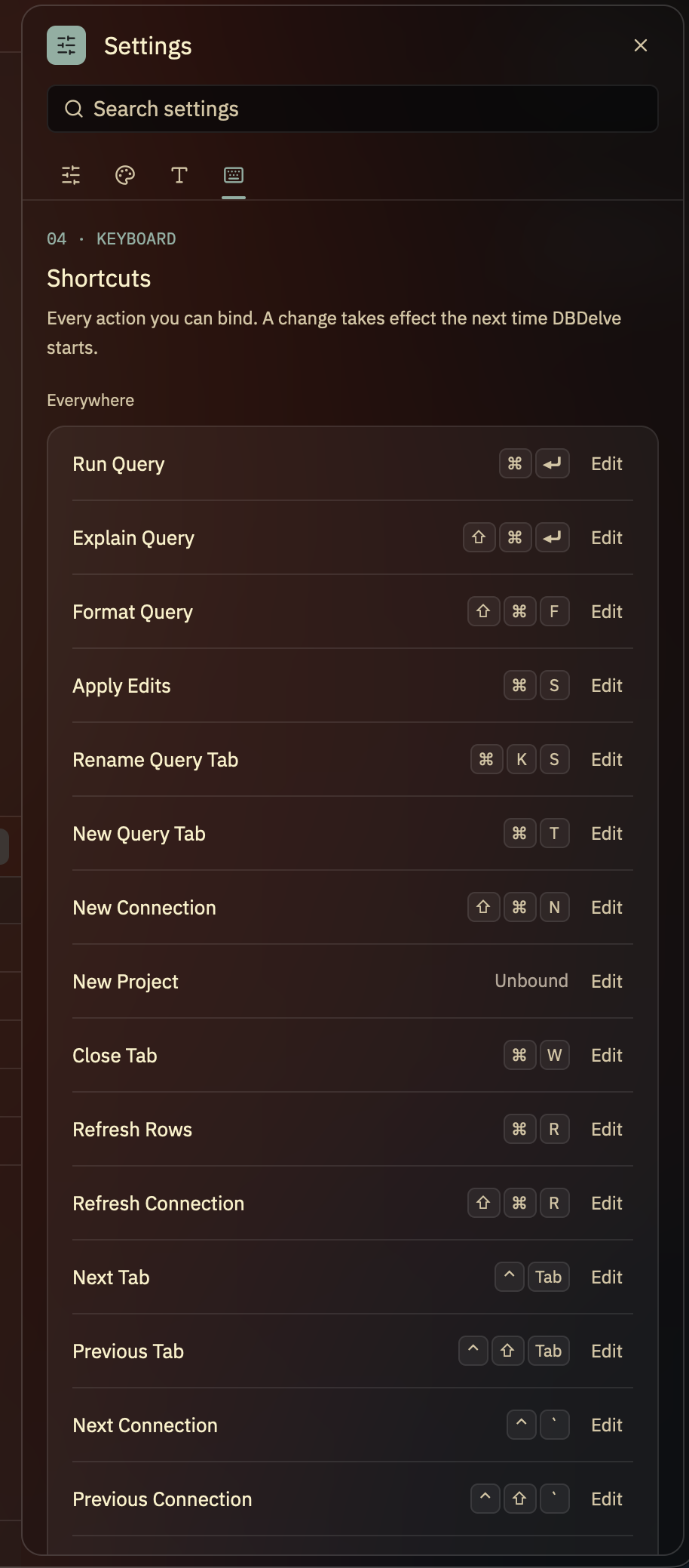 The Shortcuts page in Settings: every action with its key binding and an Edit button