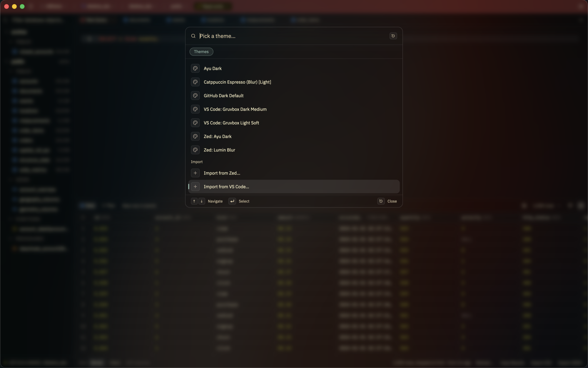 The theme picker, with themes imported from Zed and VS Code and the import commands below them