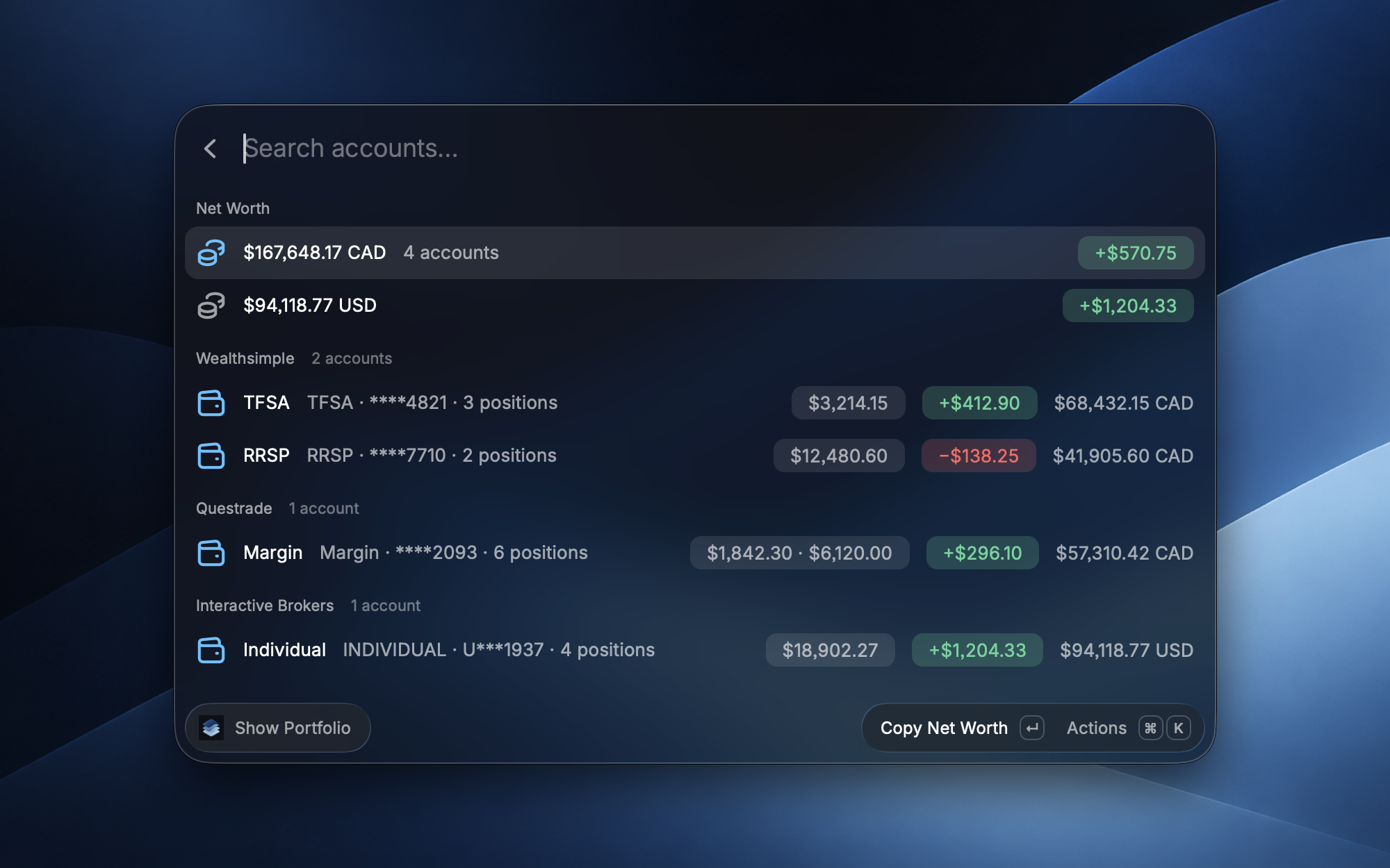 Show Portfolio: net worth and accounts by institution