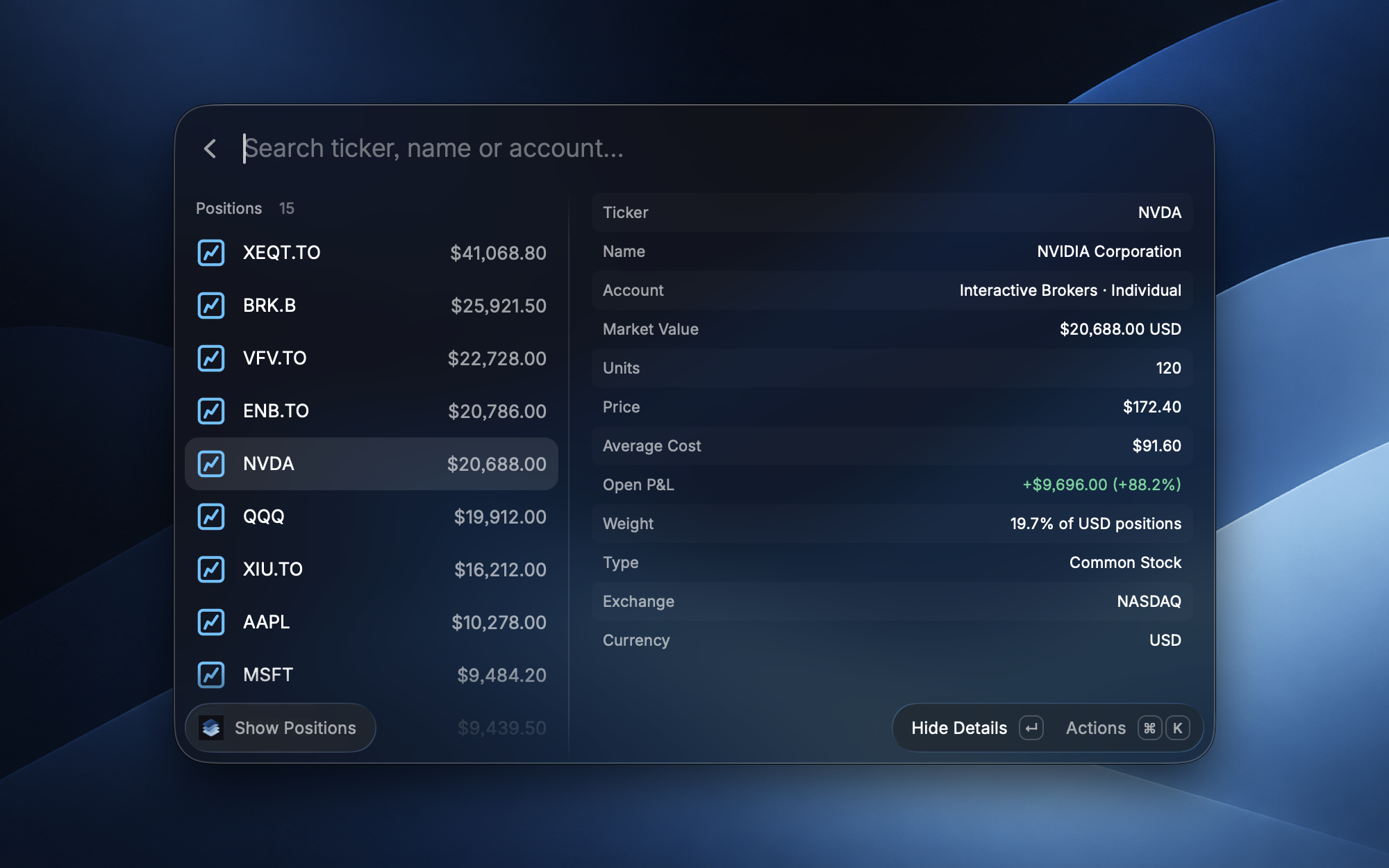 Show Positions with the detail panel open