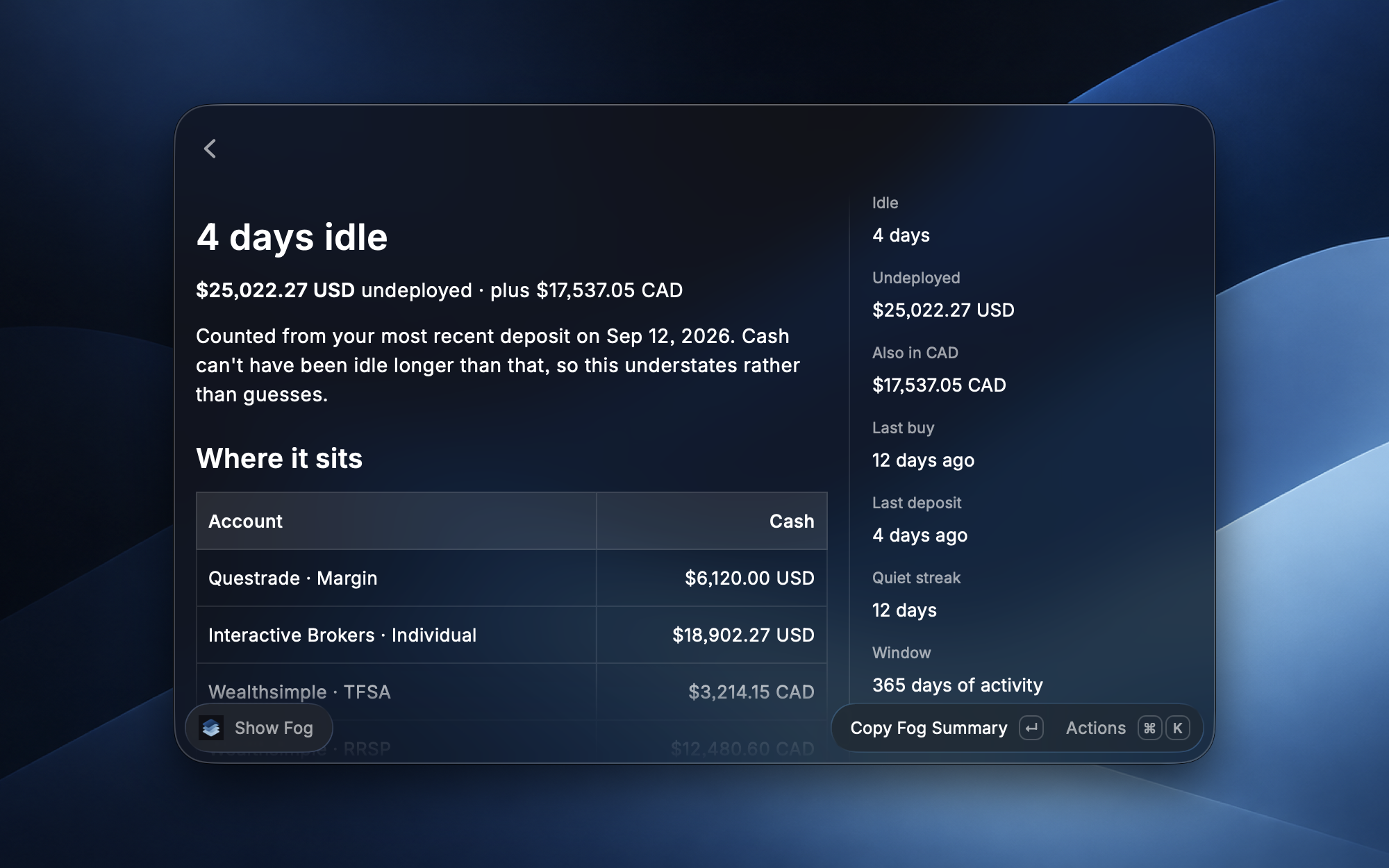 Show Fog: idle cash and how long it has been sitting
