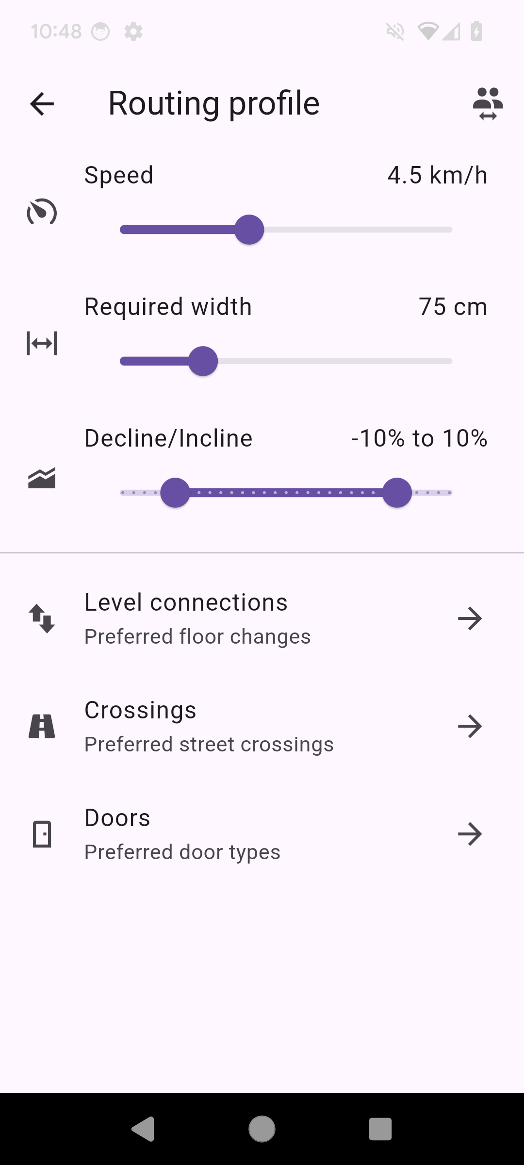 App screenshot showing general routing profile