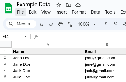 Example Data in the Sheet