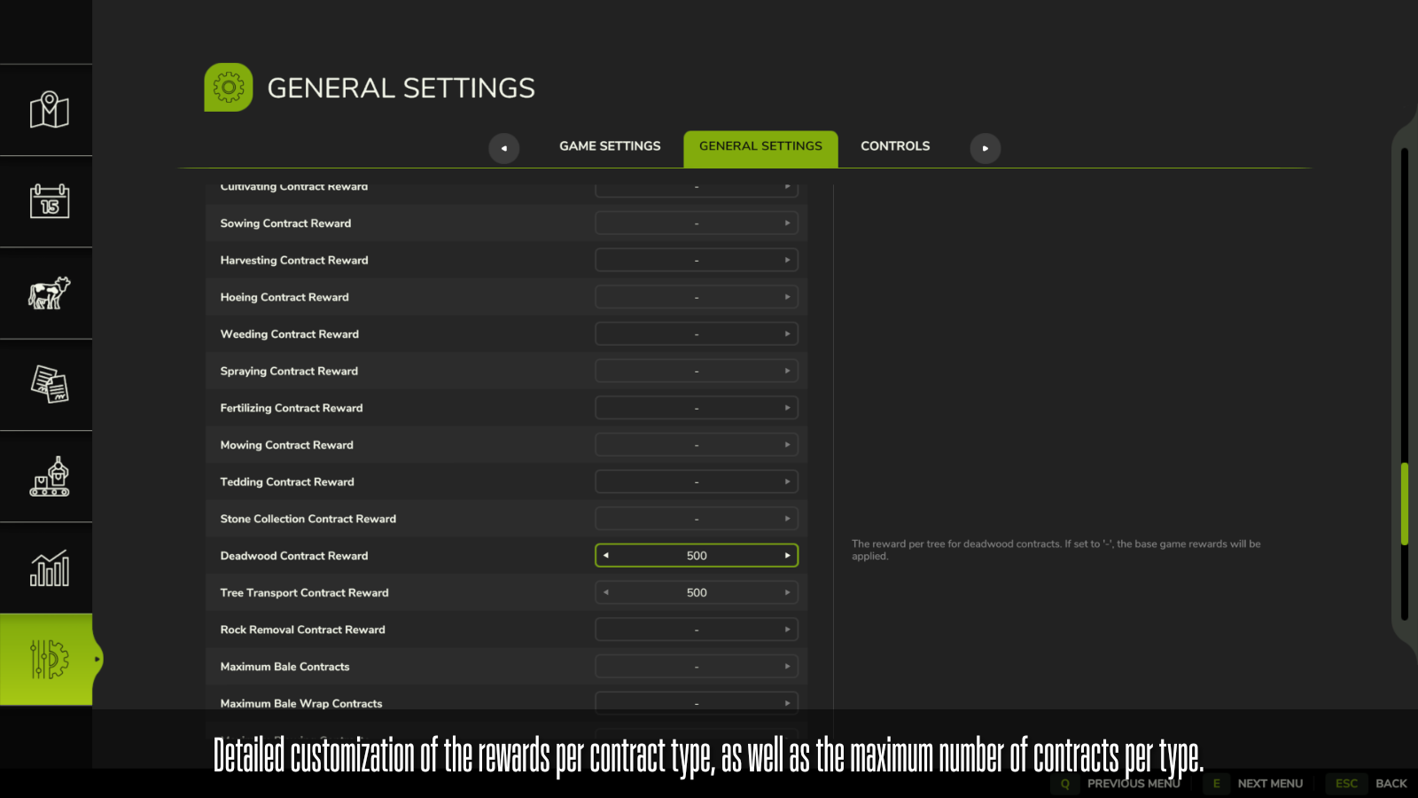 Detailed customization of the rewards per contract type, as well as the maximum number of contracts that can be generated per type.