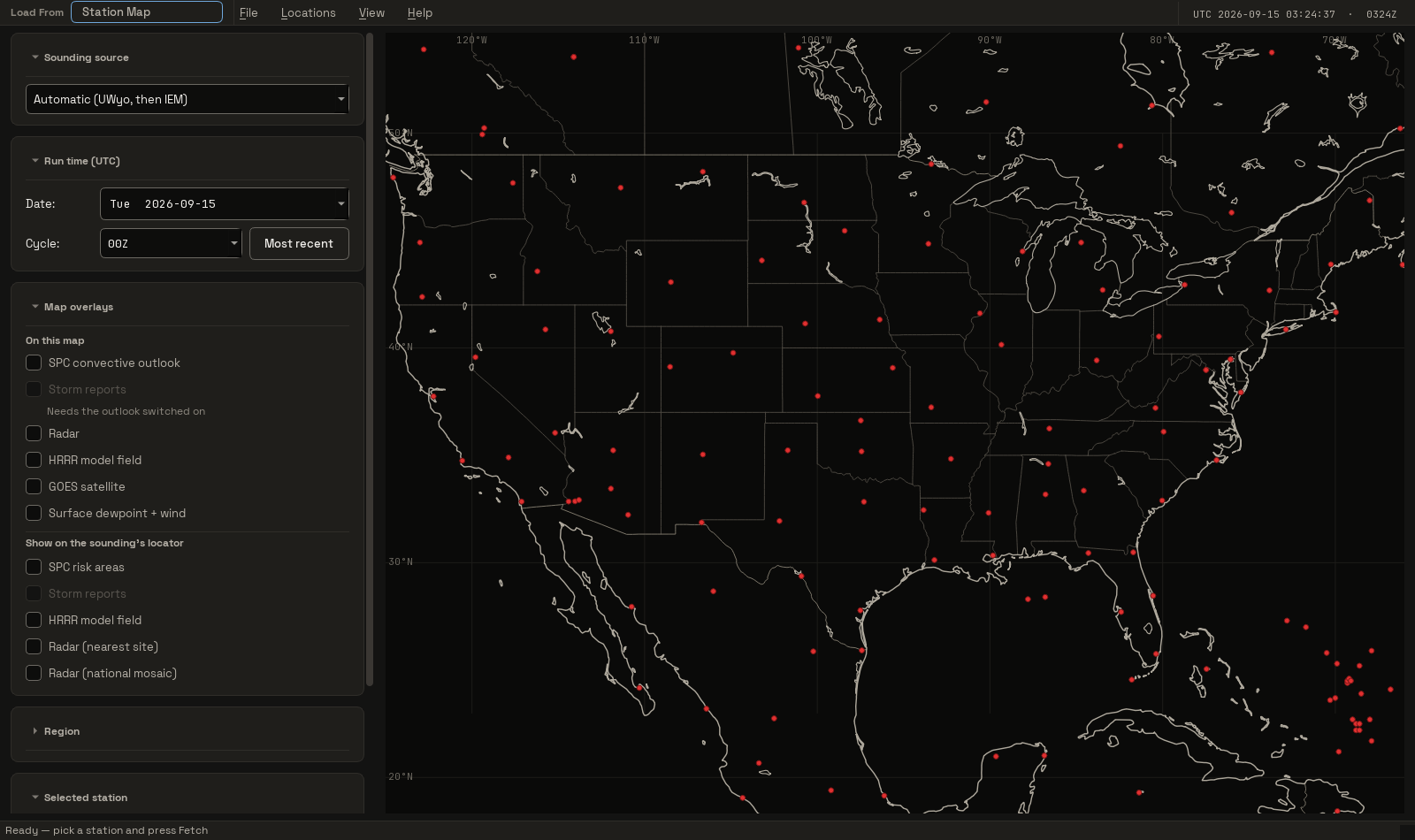 SHARPpy Reimagined 1.3.0 Sounding Picker showing the Station Map source and its controls
