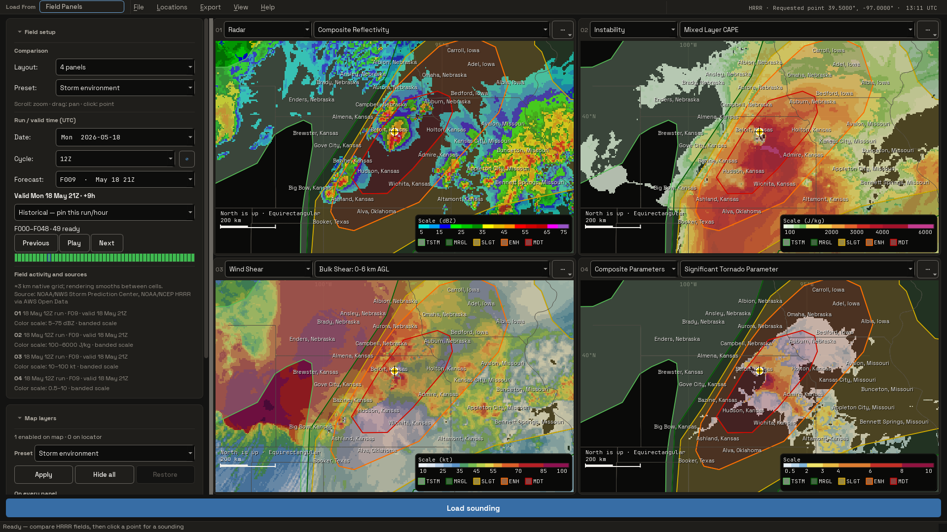 Full 1920 by 1080 four-panel comparison of HRRR composite reflectivity, mixed-layer CAPE, deep-layer shear and significant tornado parameter with SPC outlook