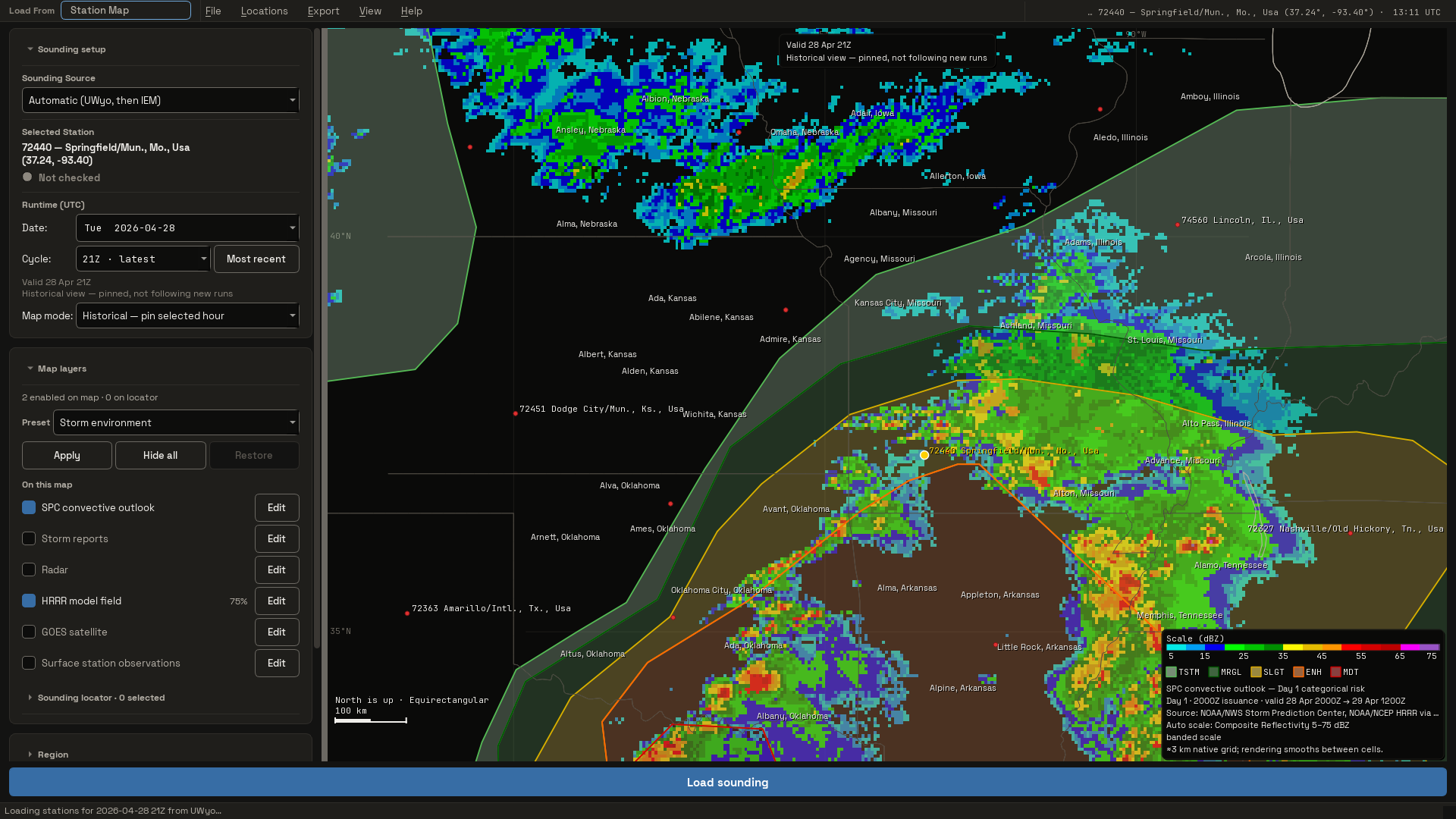 Full 1920 by 1080 Station Map with Springfield, Missouri selected and time-matched HRRR composite reflectivity and SPC categorical outlook overlays