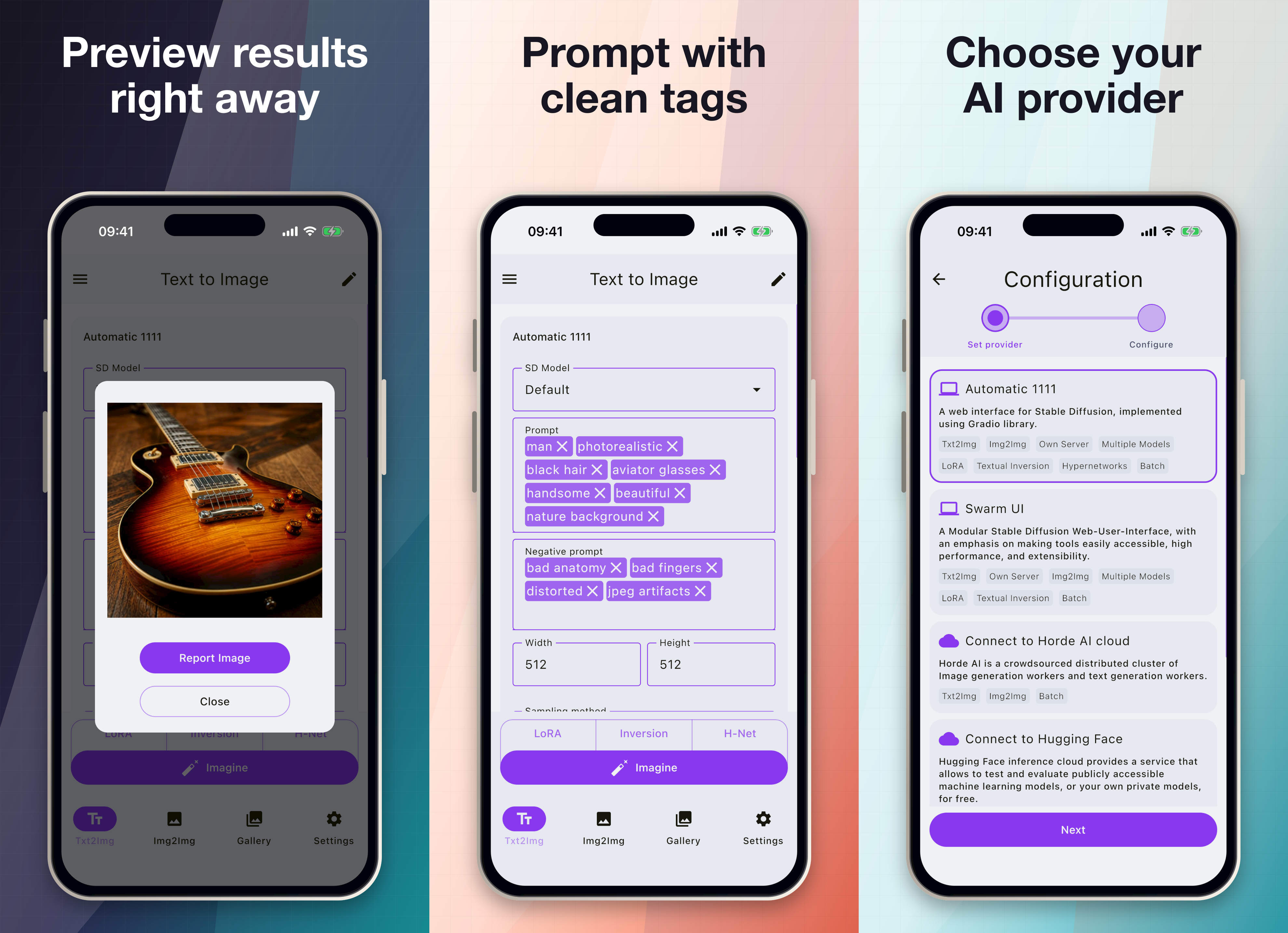 SDAI screenshots: generation result, prompt controls, and provider selection