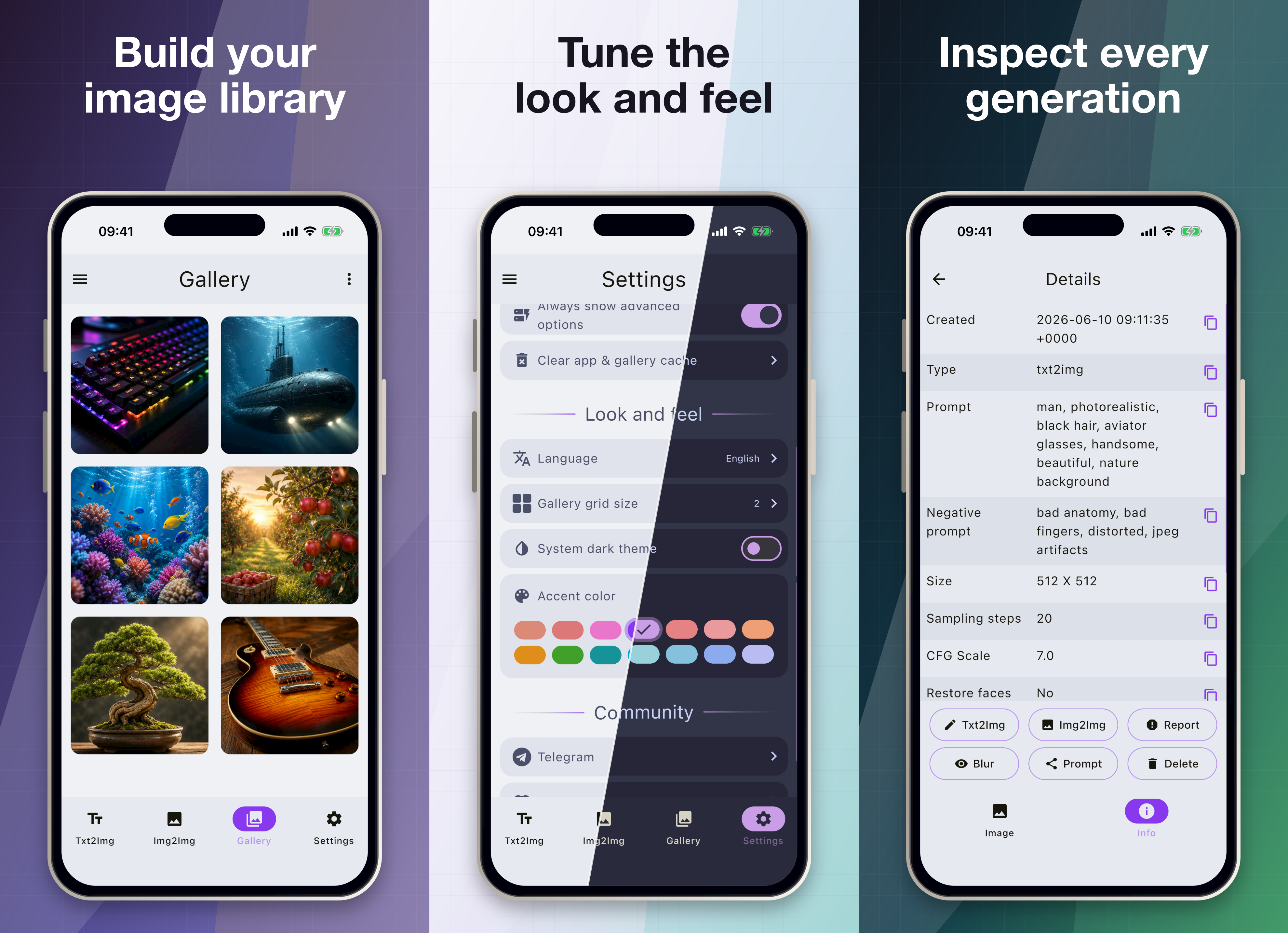 SDAI screenshots: image gallery, app settings, and generation details