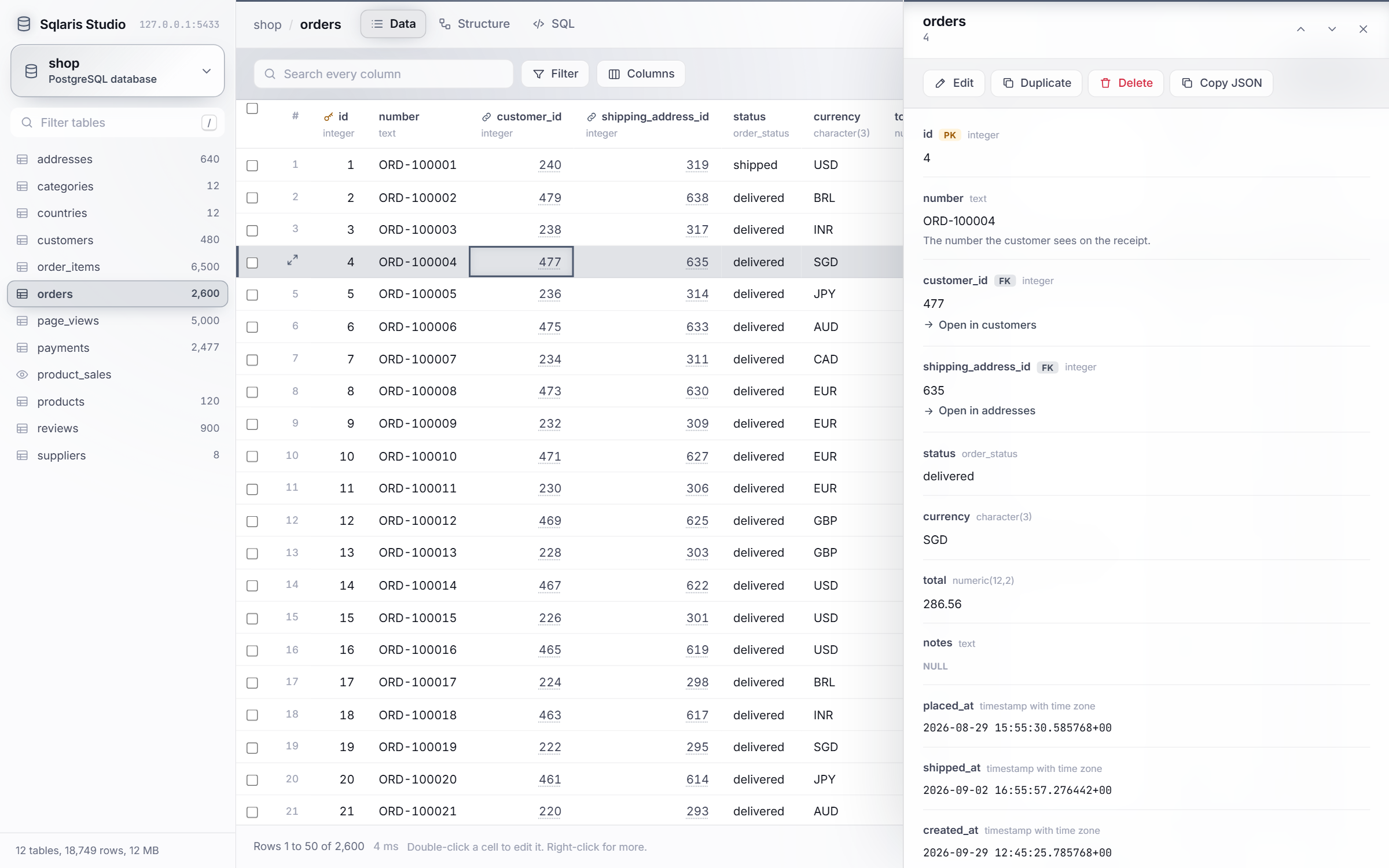 The row drawer with every field, its type and links to related rows