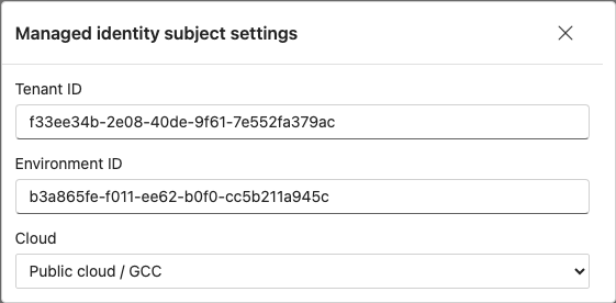 Managed identity settings popup