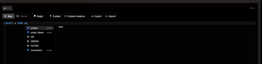 Typing FROM + a partial table name, JOIN with an FK-ranked table suggestion, then ON auto-completing the full join condition