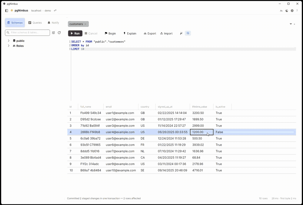 Editing cells across two tabs in safe mode, then committing both staged changes together in a single transaction