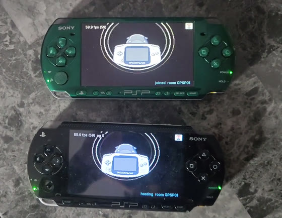 Two PSPs trading Pokémon over the emulated Wireless Adapter, then fighting a link double battle, both at 59.9 fps