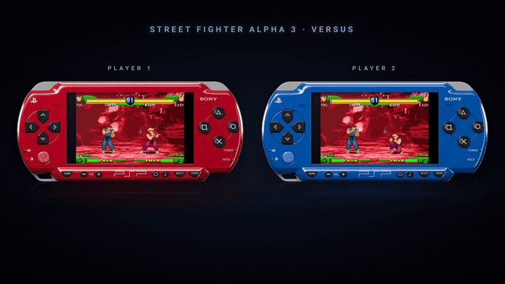 Street Fighter Alpha 3 versus mode on two PSPs, both screens showing the same fight