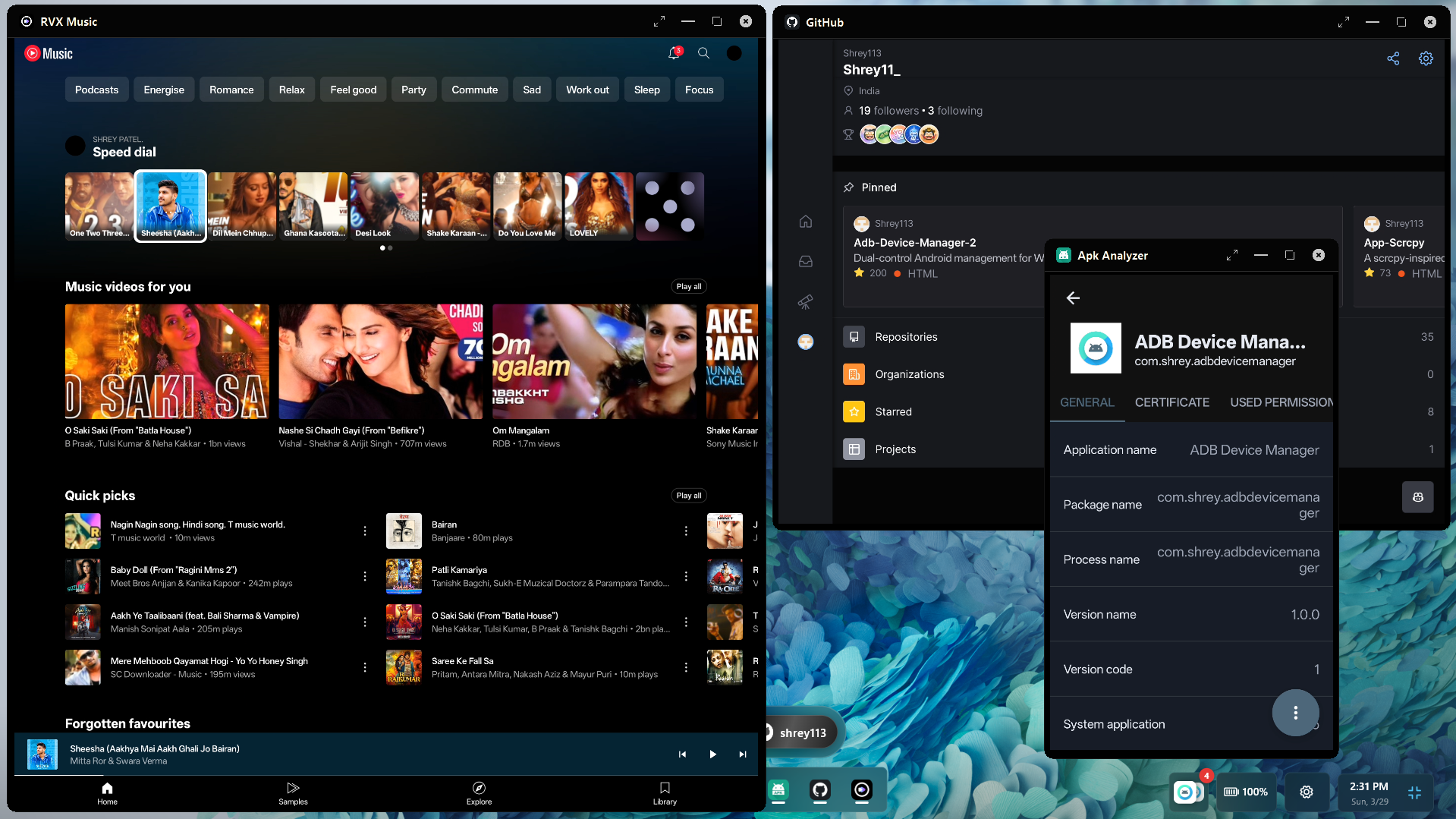 RVX Music, GitHub, APK Analyzer를 여러 창으로 동시에 띄워 Android 앱과 도구를 데스크톱 창처럼 사용하는 화면입니다.