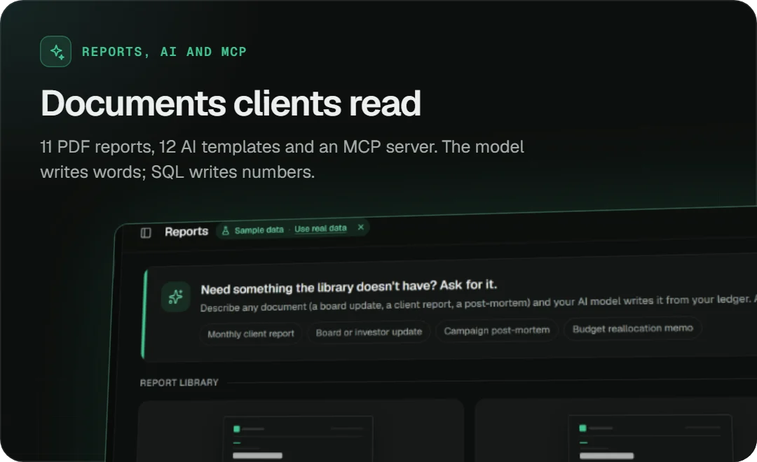 Reports, AI and MCP: 11 PDF reports, 12 AI document templates and an MCP server.