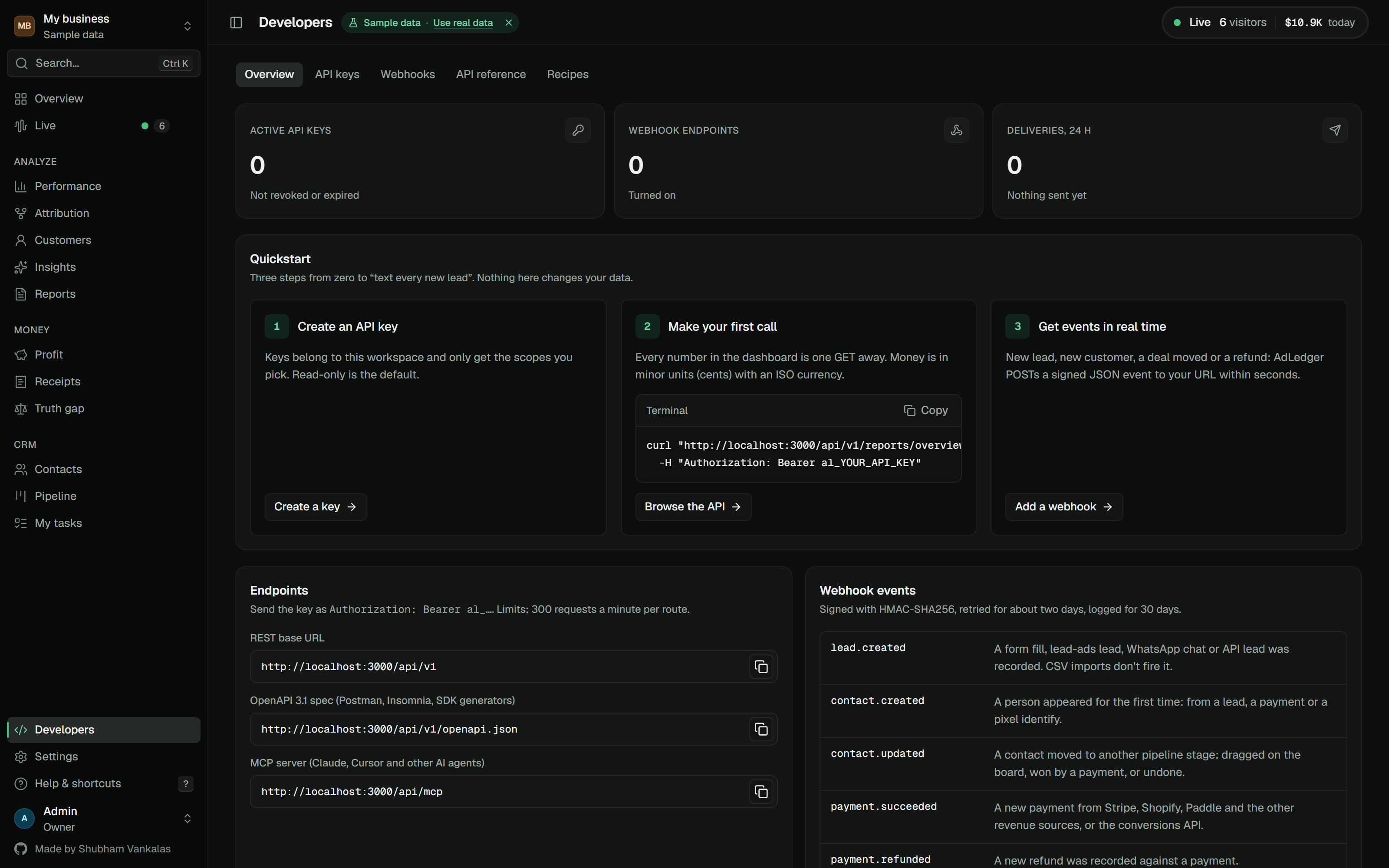 Developers area with a quickstart, API keys, webhooks and delivery health