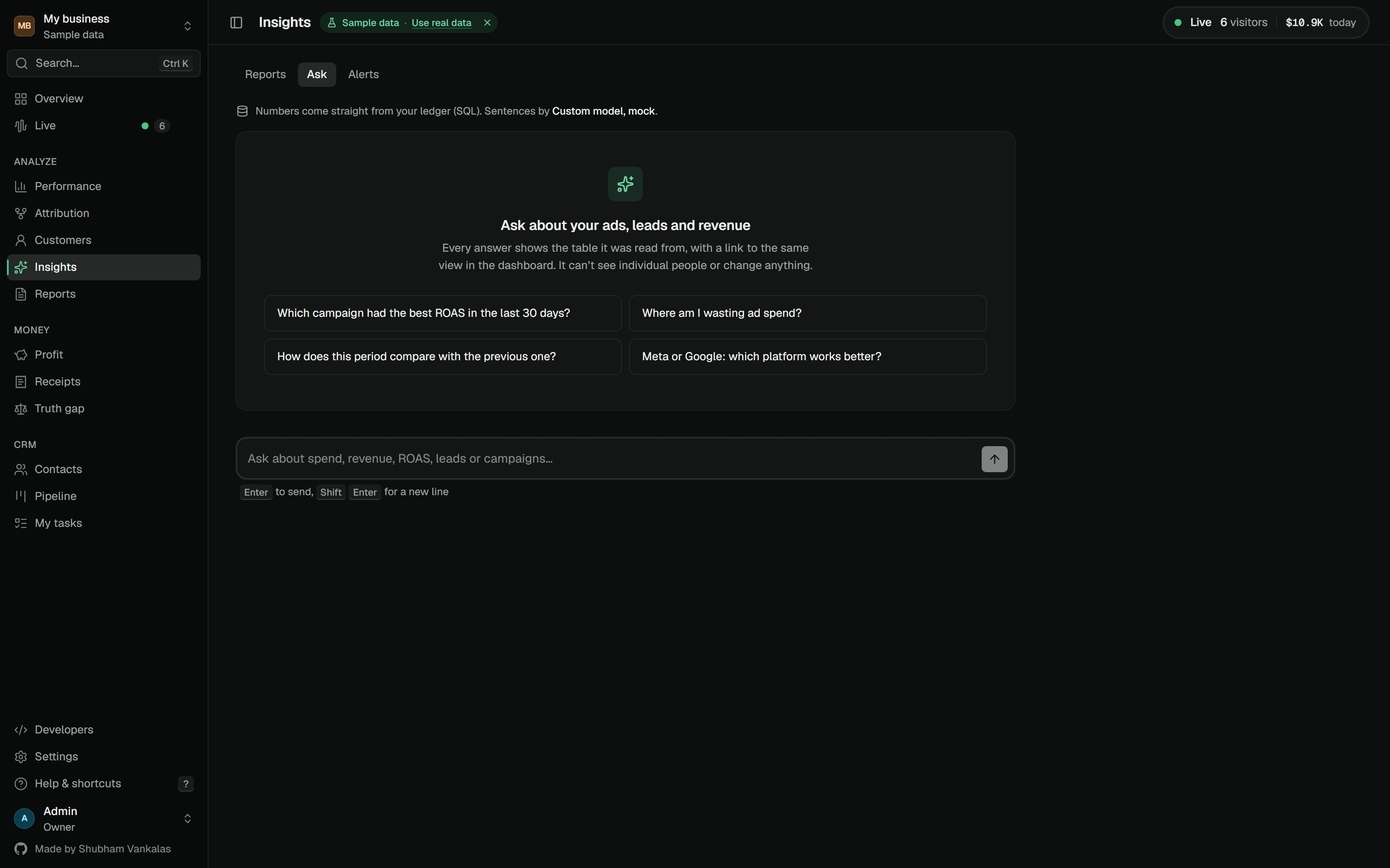 Ask panel with suggested questions answered from the ledger