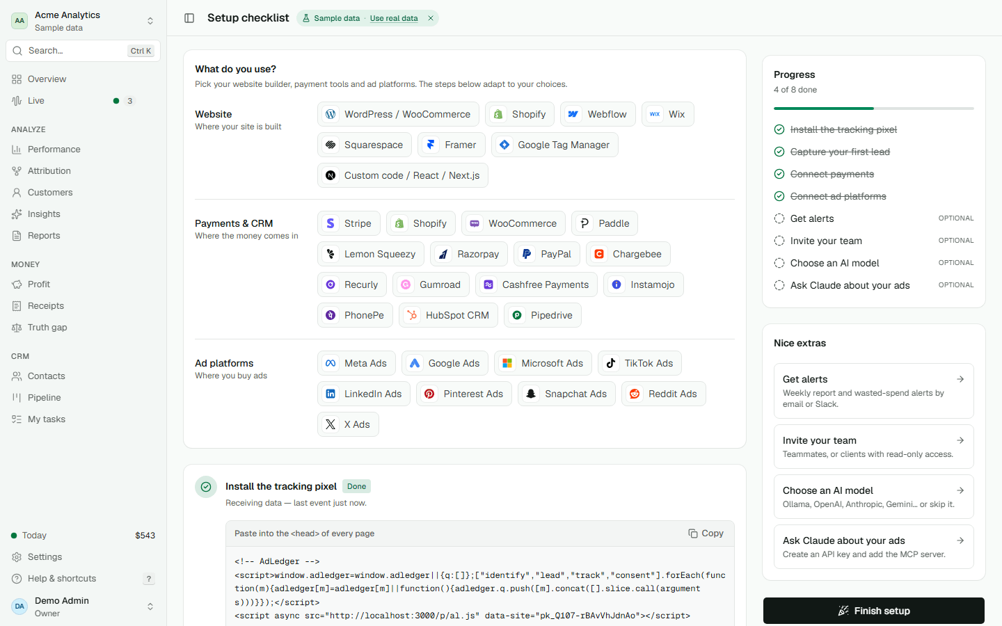 Setup checklist that adapts to your website builder, payment tools and ad platforms