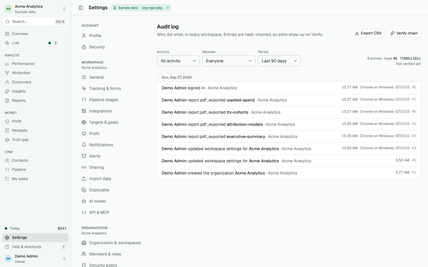 Audit log with export and verify chain