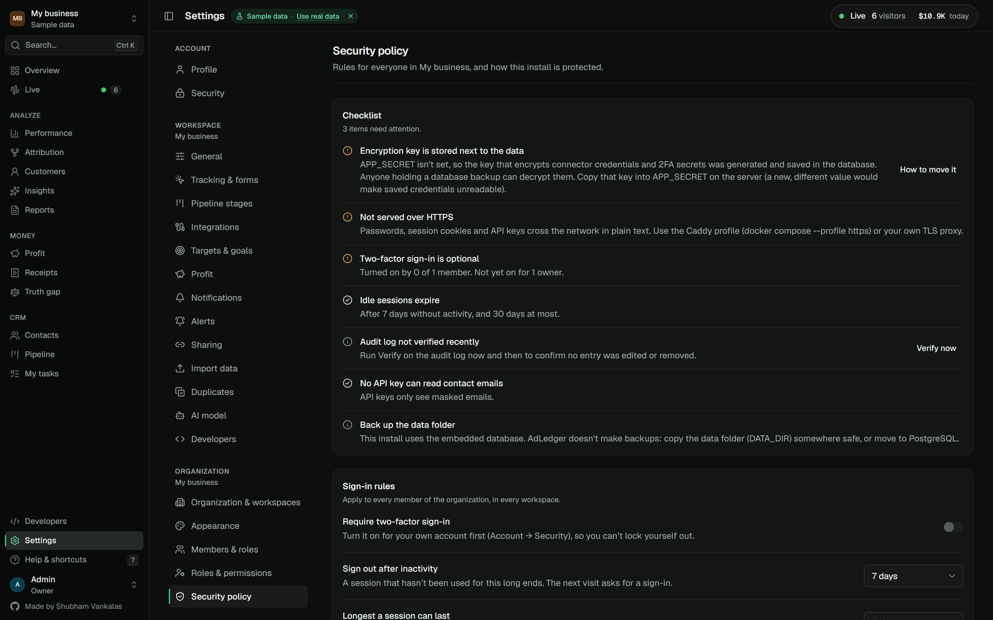Security policy checklist: encryption key storage, HTTPS, two-factor coverage, session limits and audit verification