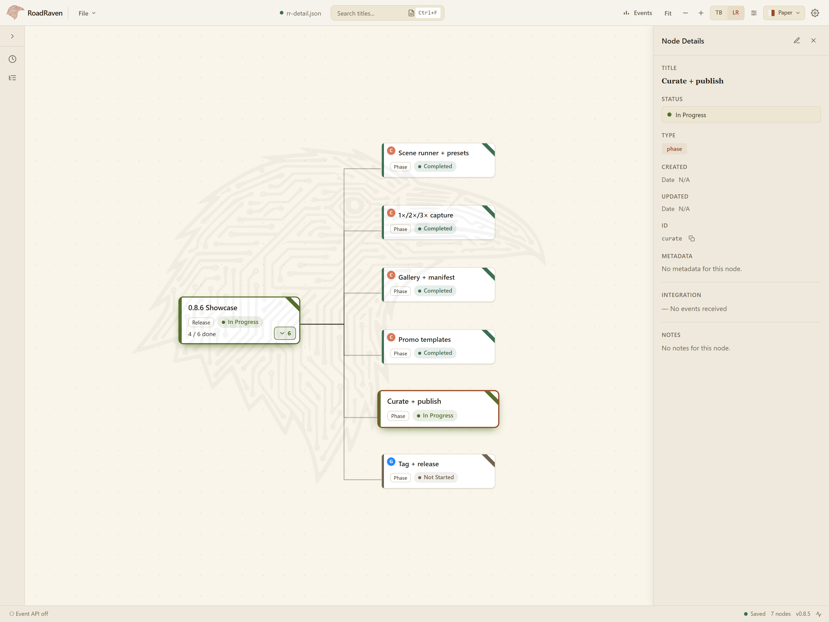 The 0.8.6 subtree with the node panel open: status, type, notes and the agent badge on every card