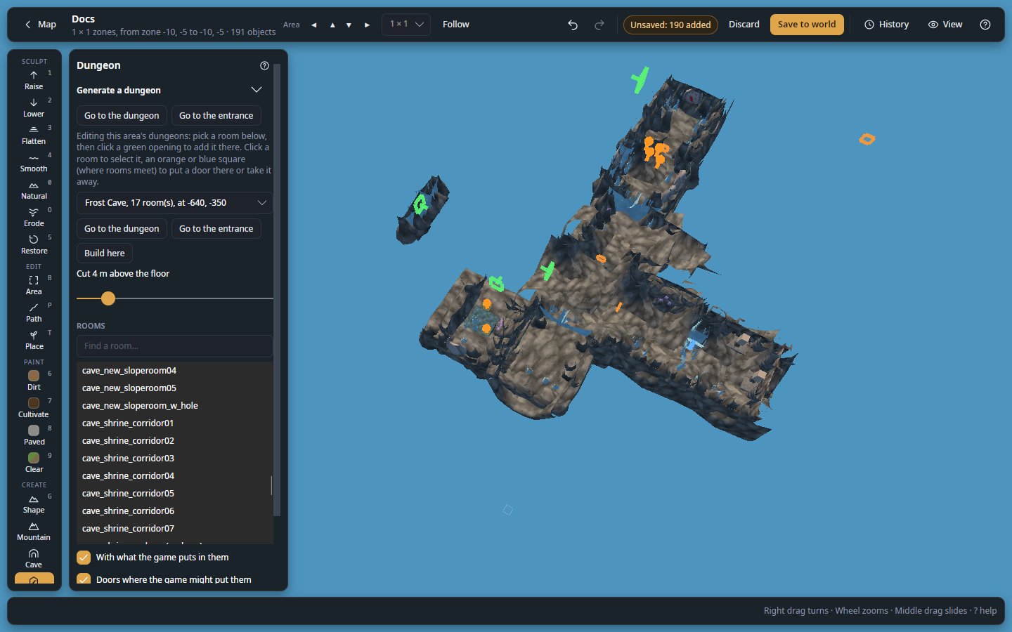 A generated dungeon seen from outside, its rooms and creatures
