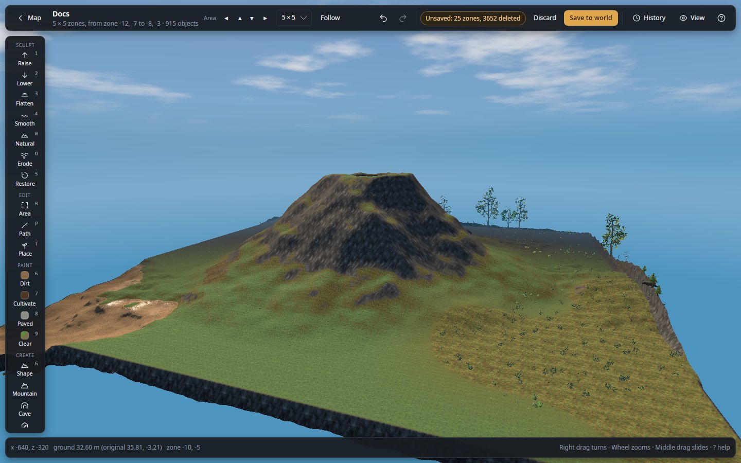 A volcano raised past the game's ±8 m limit