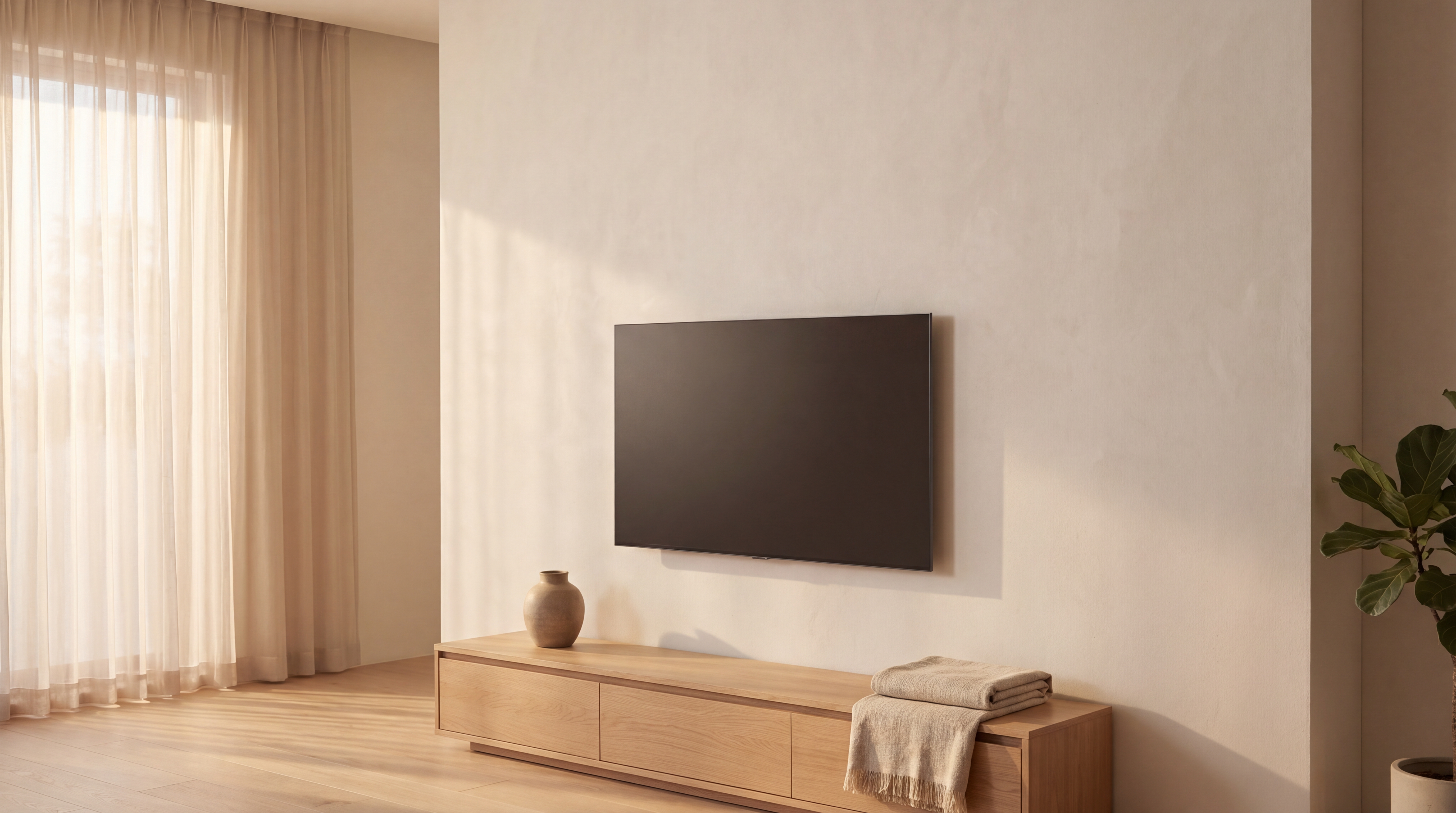 壁にすっきり収まる薄型テレビと壁掛け金具のイメージ