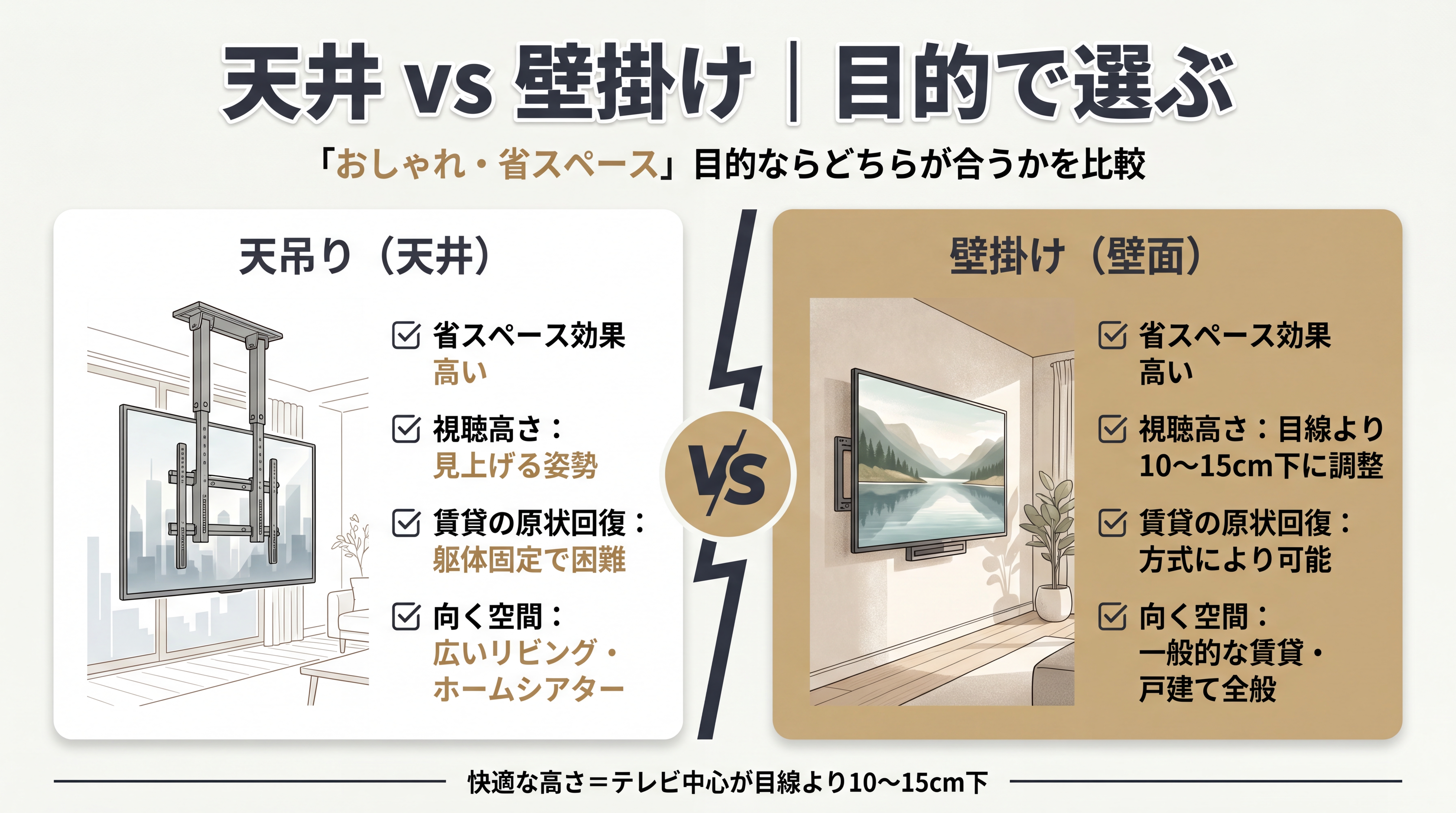 天井 vs 壁掛け｜「おしゃれ・省スペース」目的ならどちらが合う？