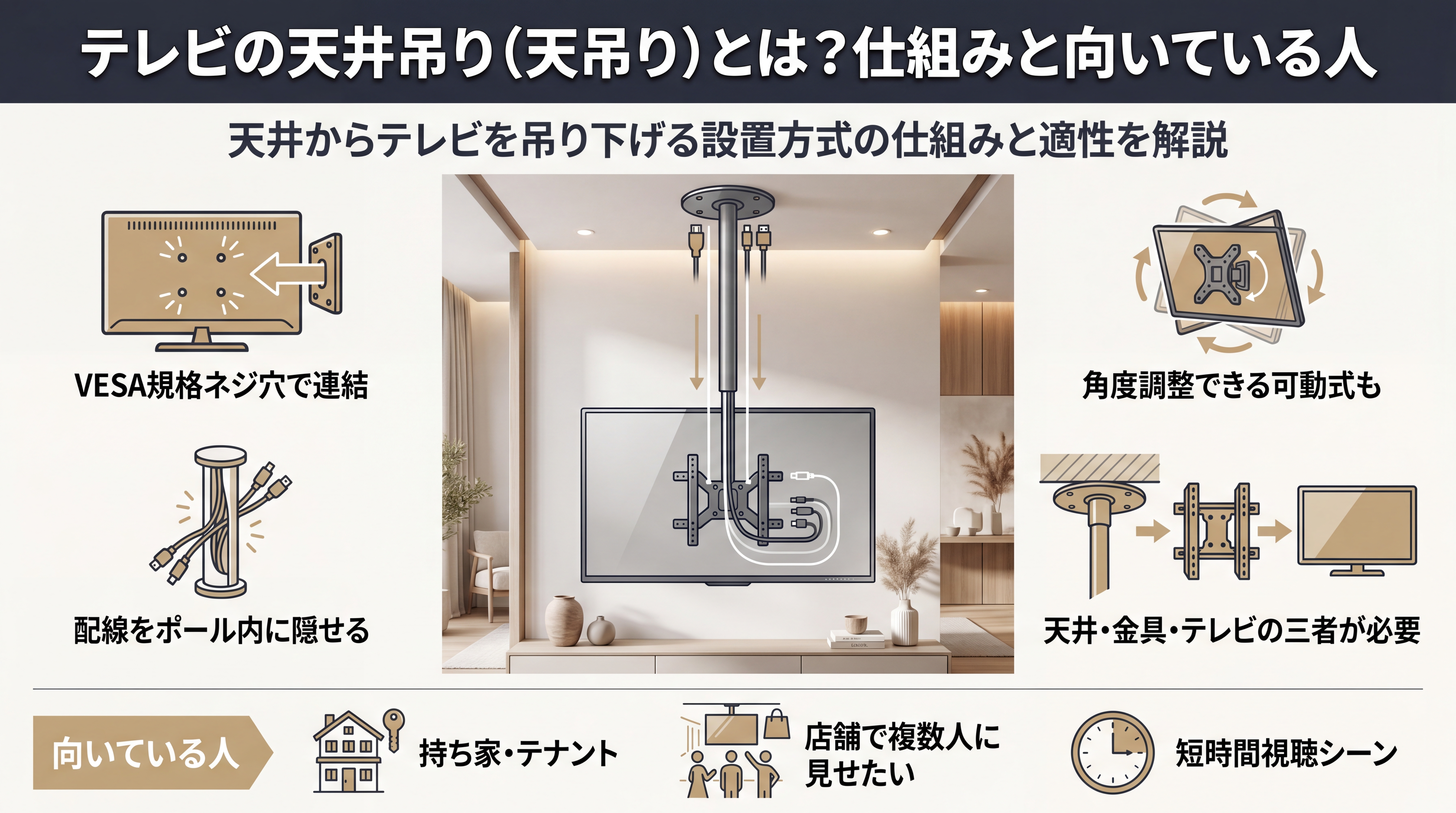 天井からポールでテレビを吊り下げる天吊りの仕組み図