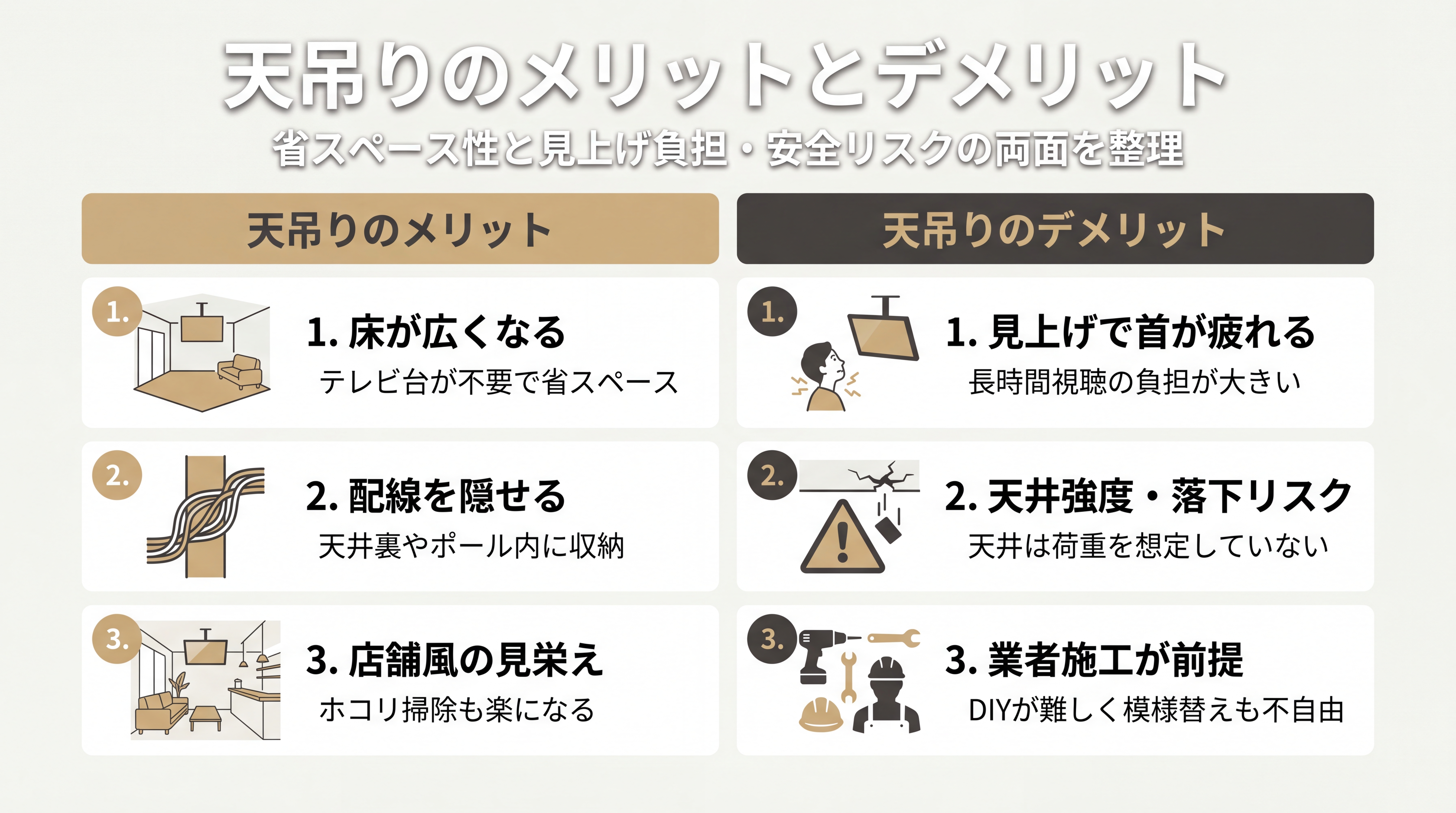 天吊りの省スペース性と見上げ負担を対比したメリットデメリット図