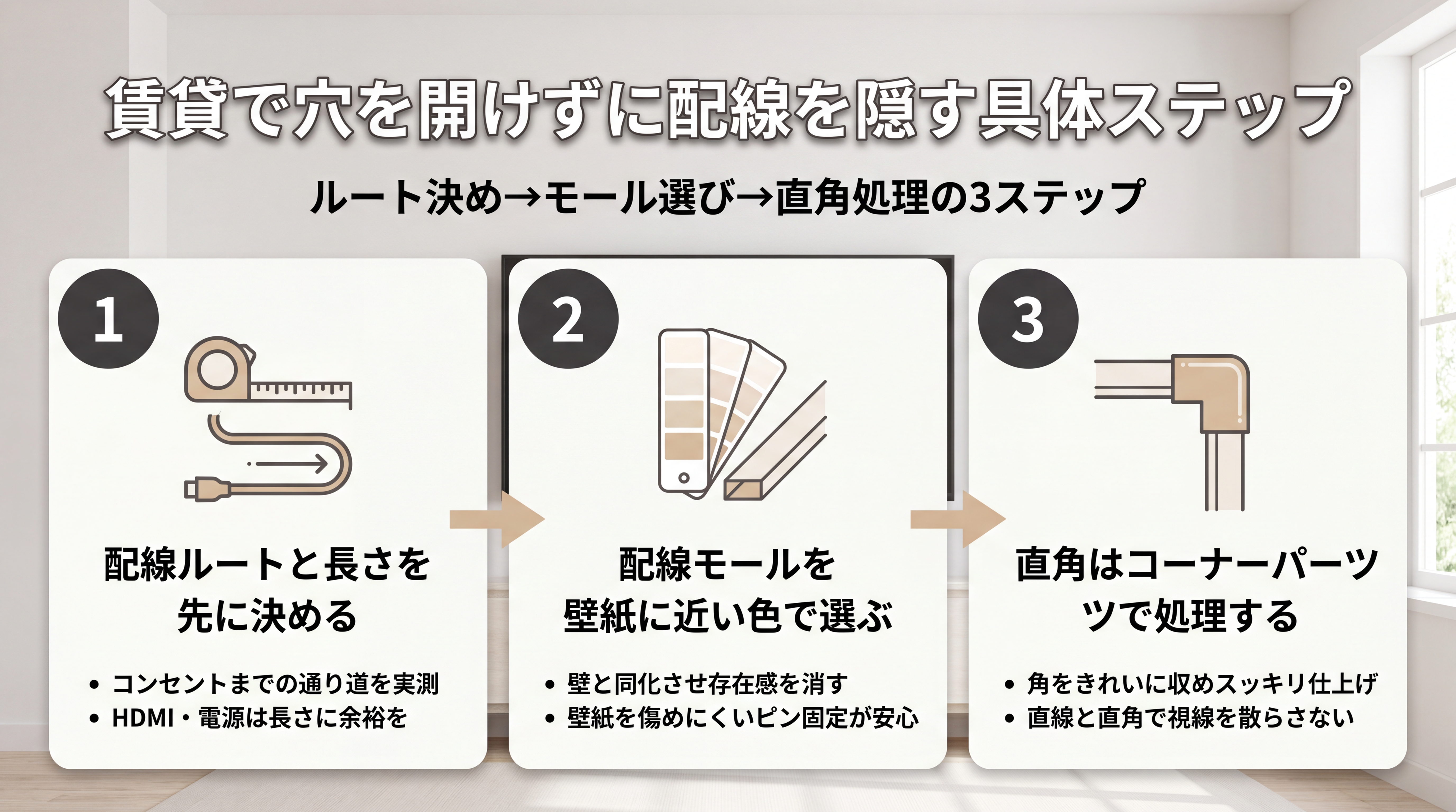 賃貸で穴を開けずに配線を隠す具体ステップ