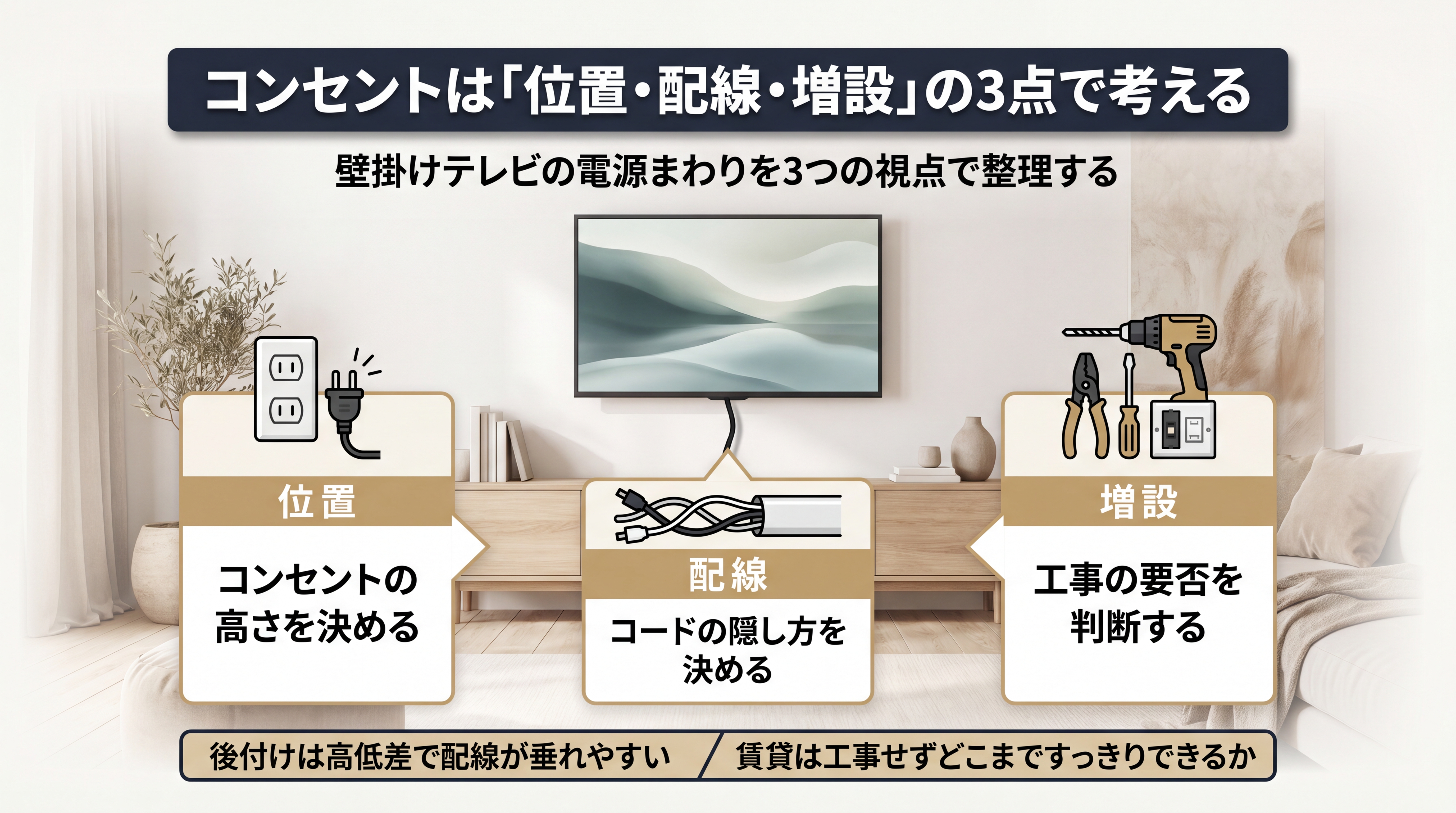 壁掛けテレビのコンセントは「位置・配線・増設」の3点で考える