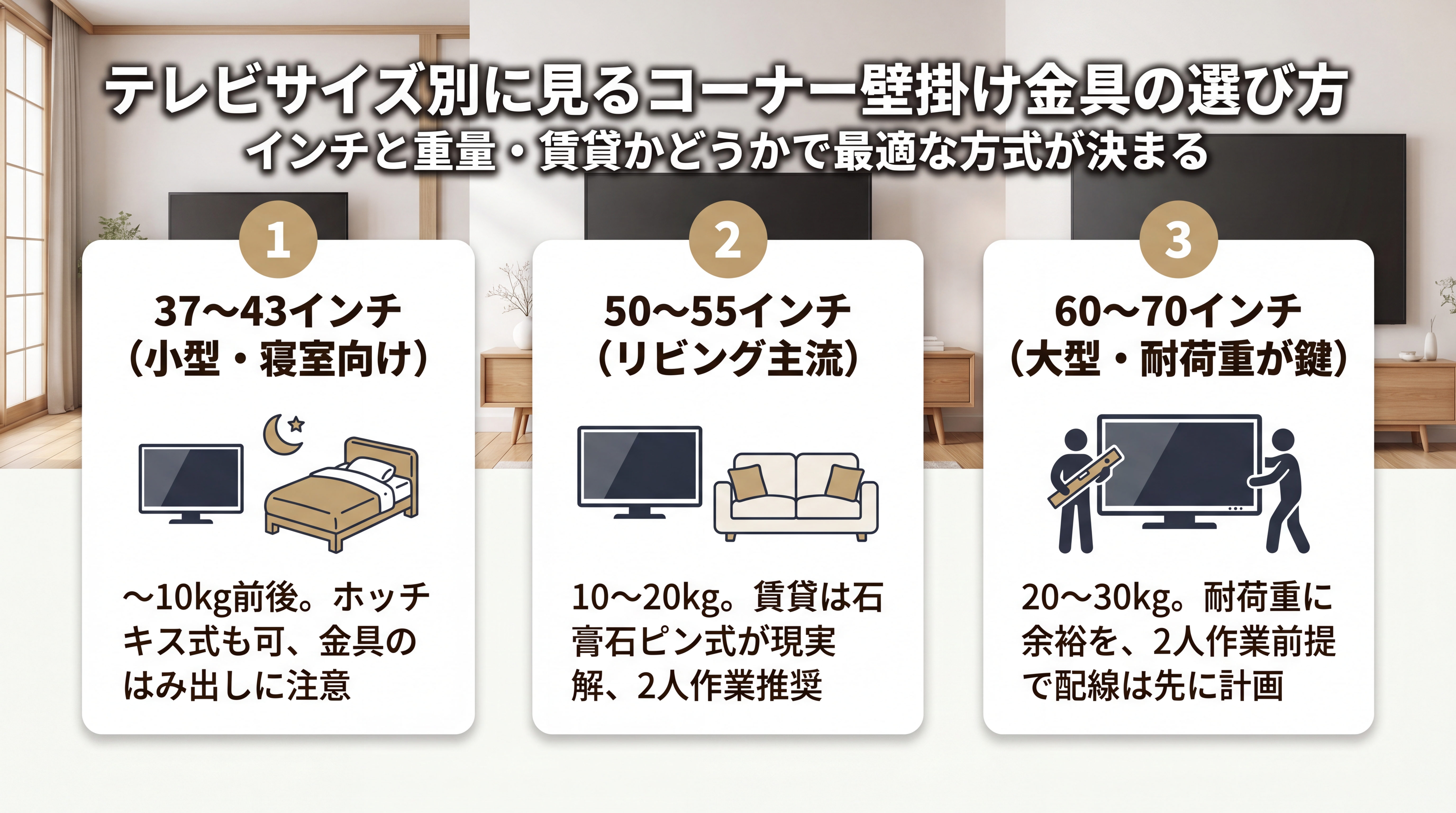 テレビサイズ別に見るコーナー壁掛け金具の選び方
