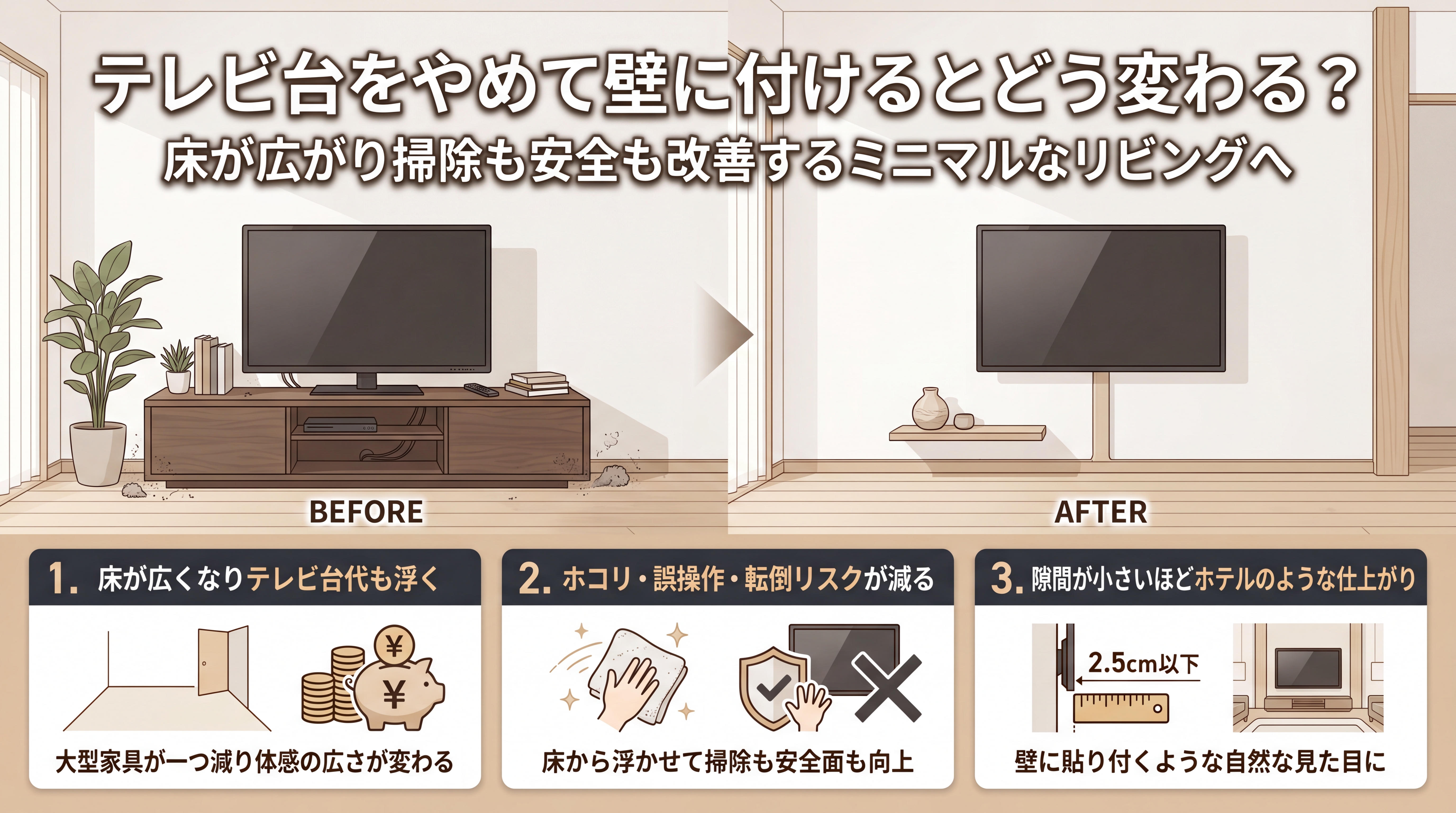 テレビ台をやめて壁に付けるとどう変わる？