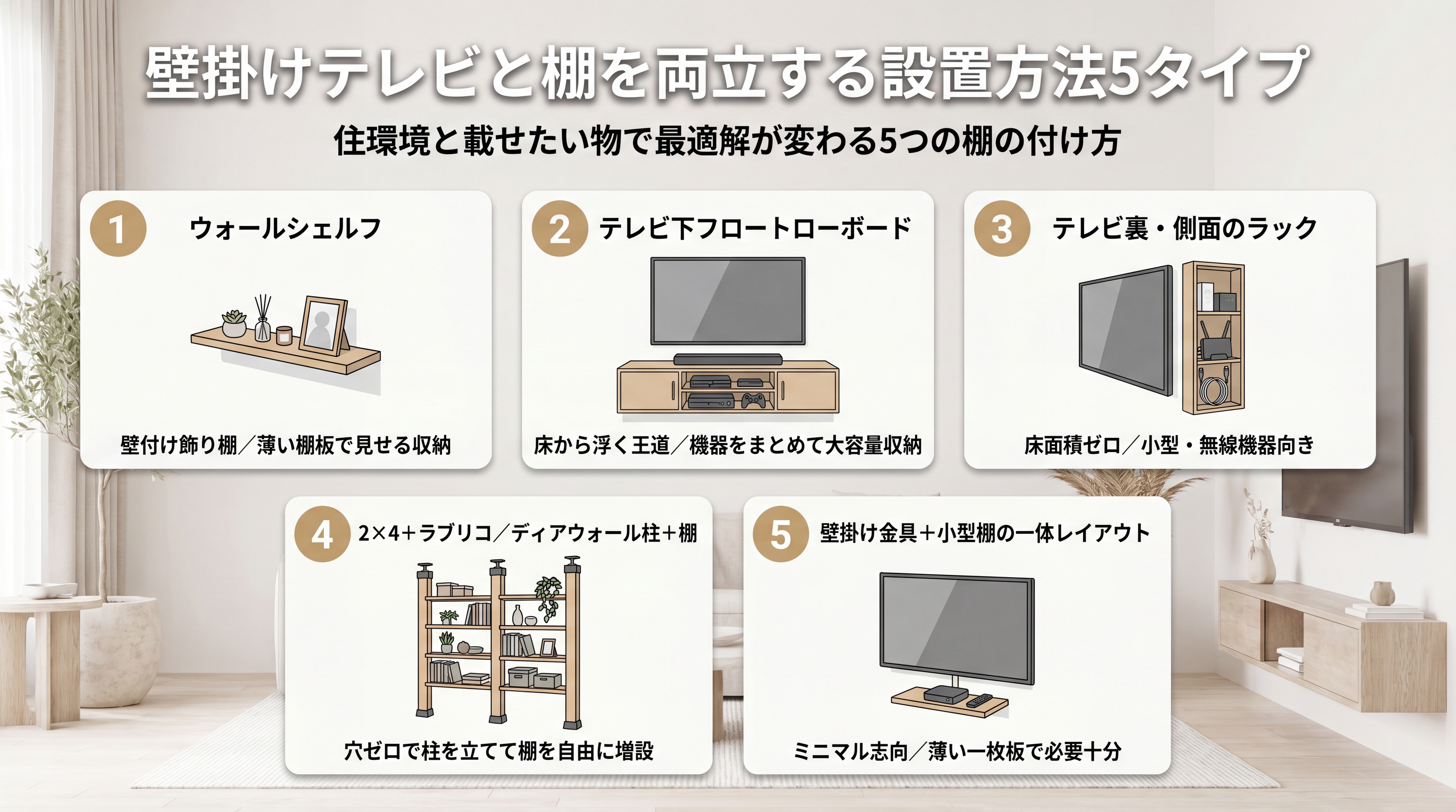 壁掛けテレビと棚を両立する設置方法5タイプ