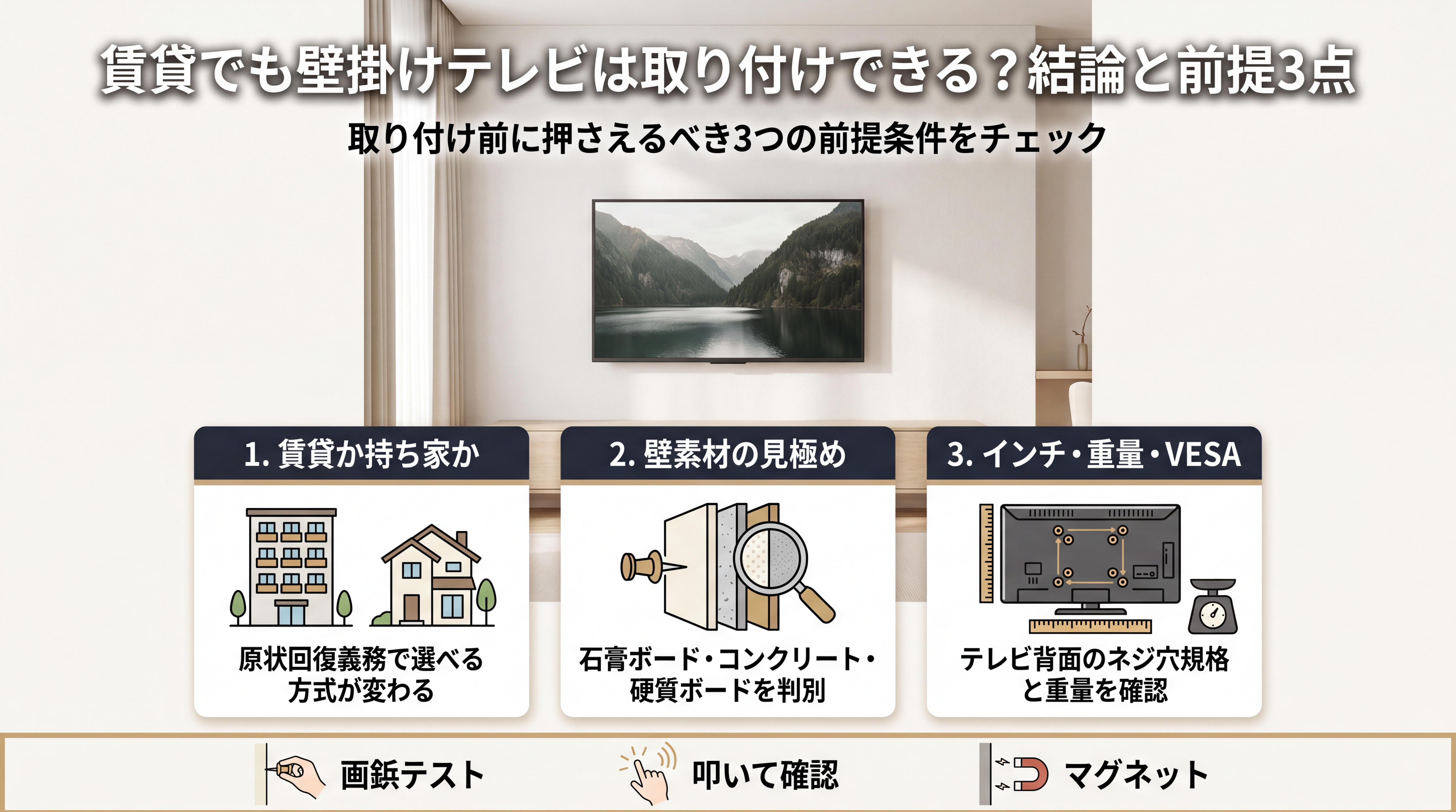 賃貸でも壁掛けテレビは取り付けできる？結論と前提3点