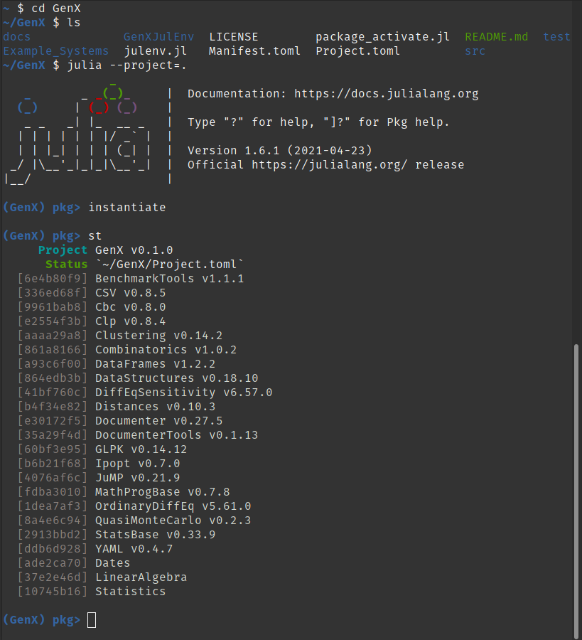 Creating the Julia environment and installing dependencies from Project.toml file from inside the GenX folder: Steps 1-6