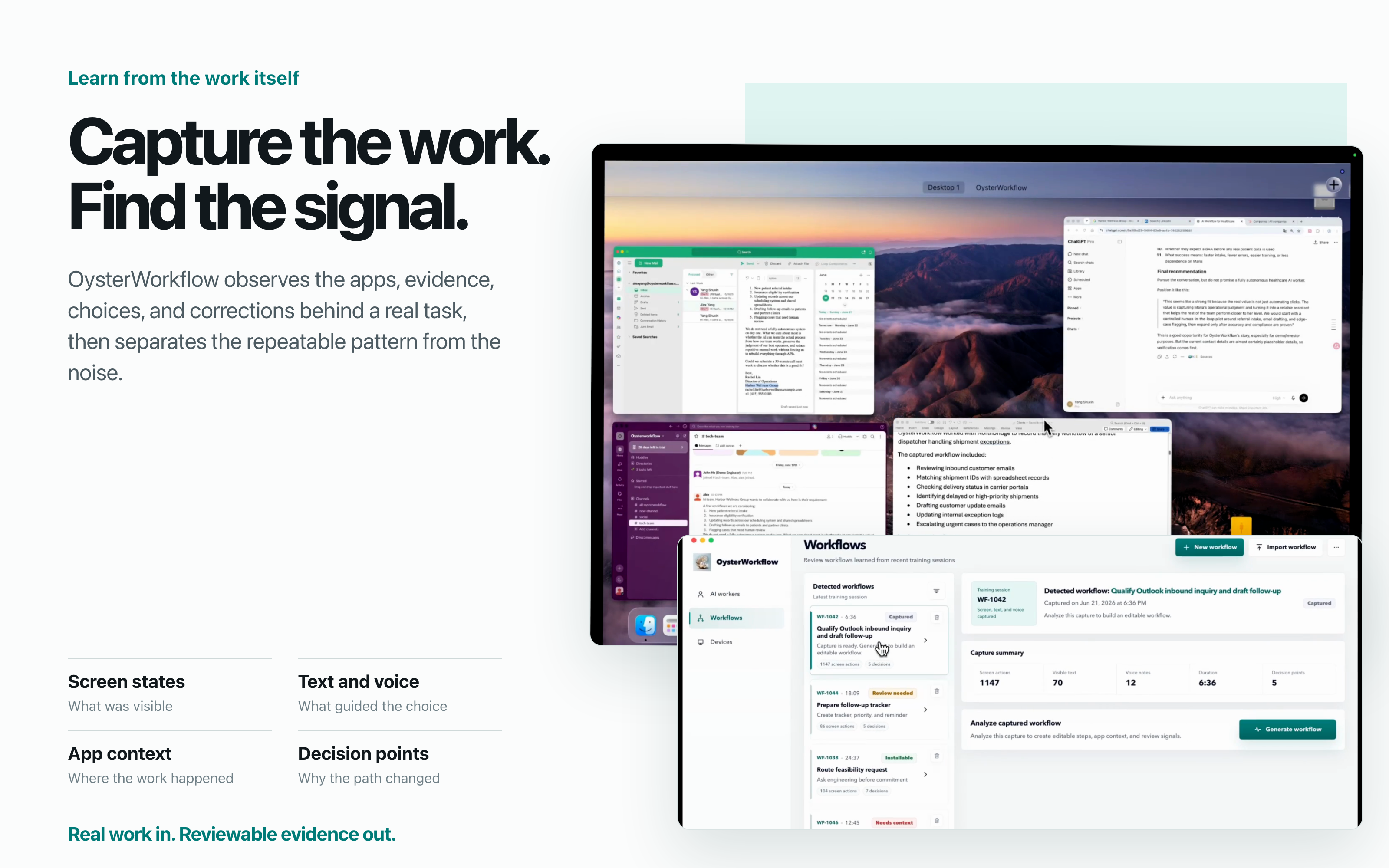 OysterWorkflow captures real multi-app work and separates repeatable signals from noise