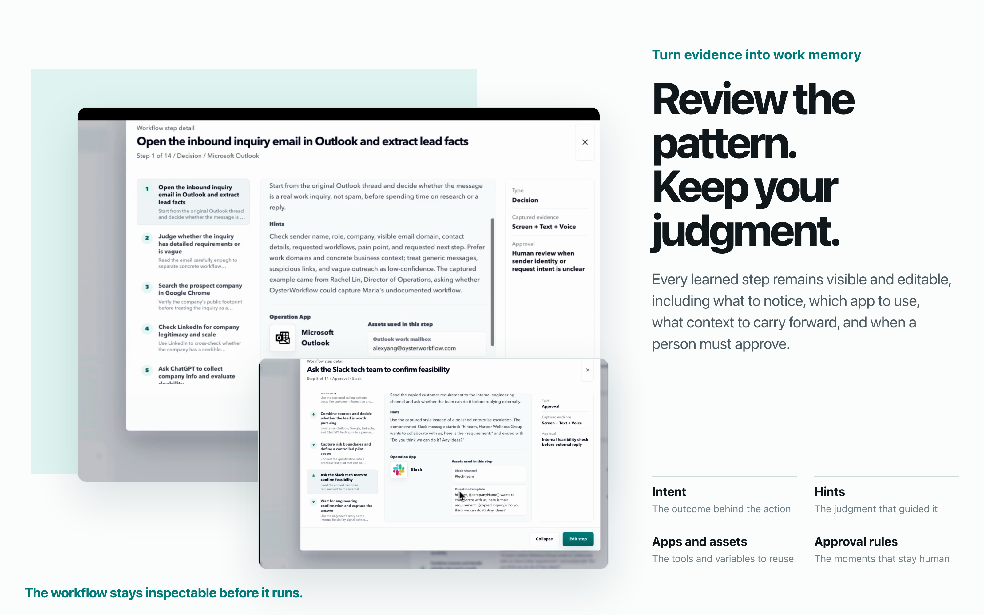 OysterWorkflow turns captured evidence into inspectable workflow steps with intent, hints, assets, and approval rules