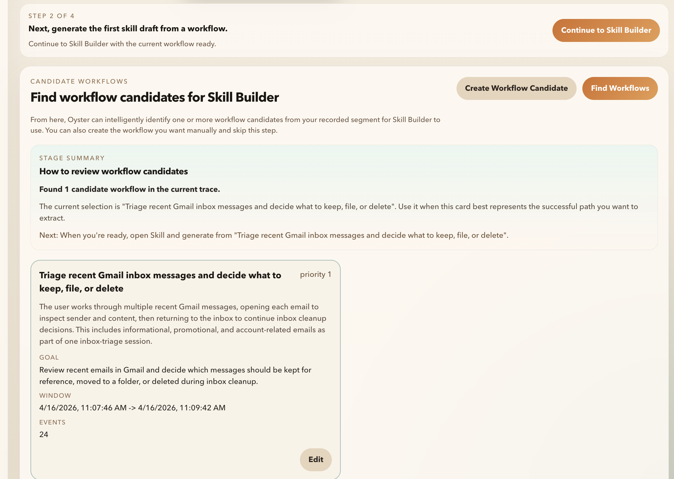 OysterWorkflow workflow candidate discovery screen