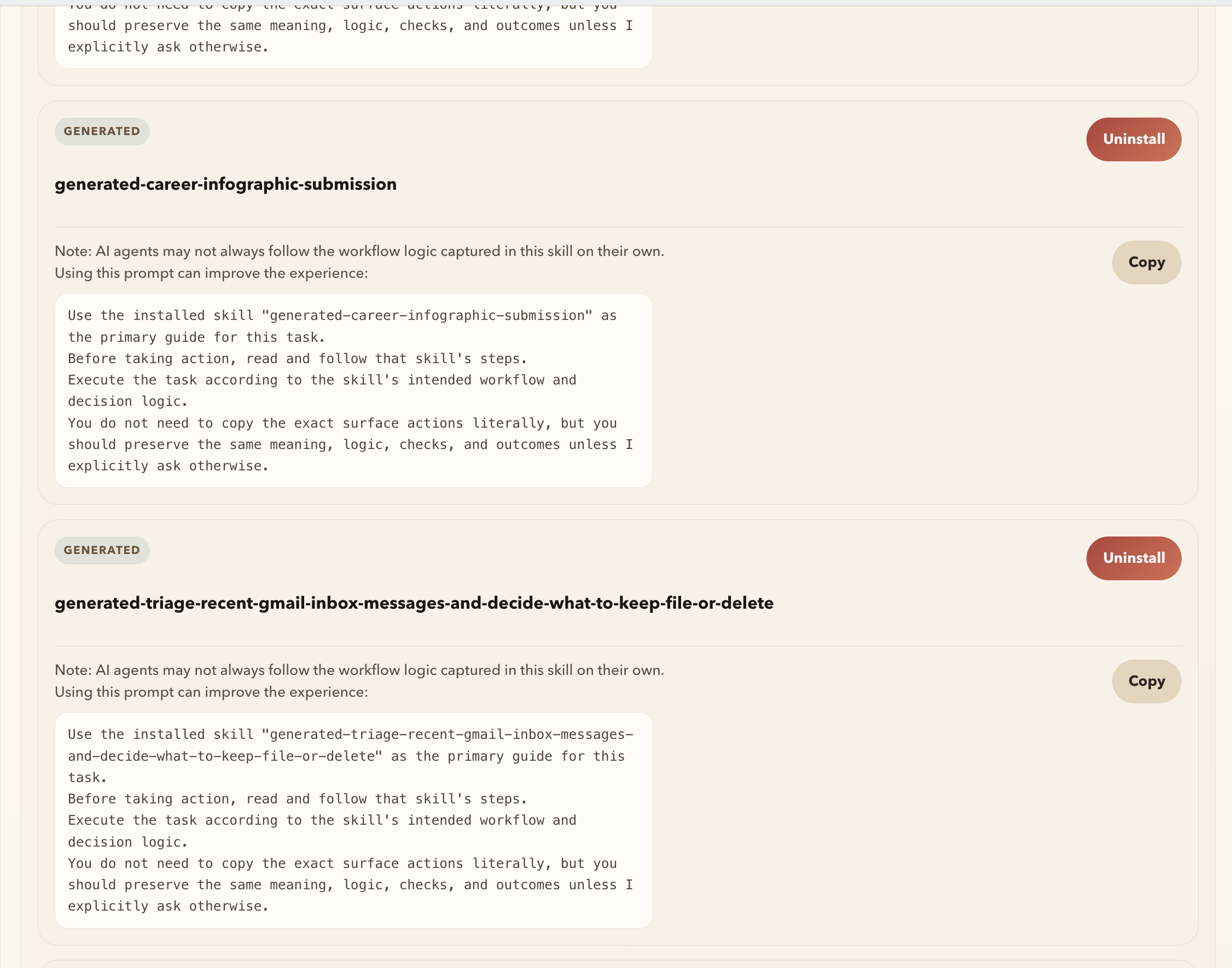 OysterWorkflow skill manager with generated skills and copy prompt controls