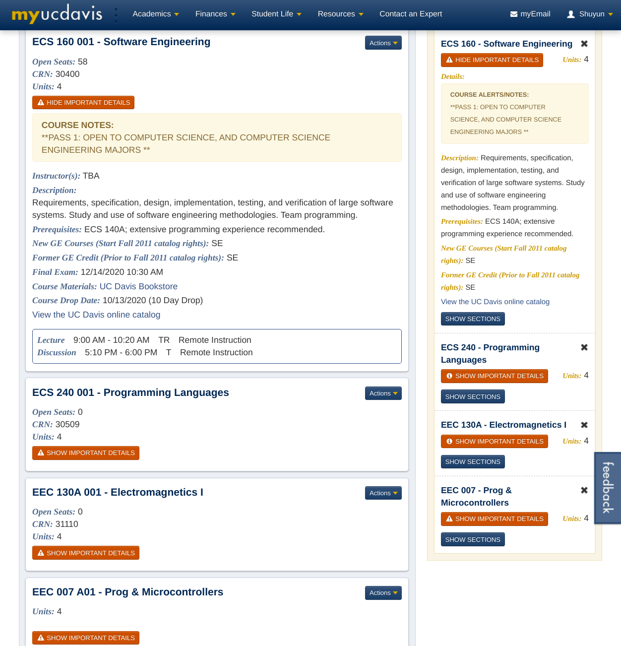 UC Davis Schedule Builder web page