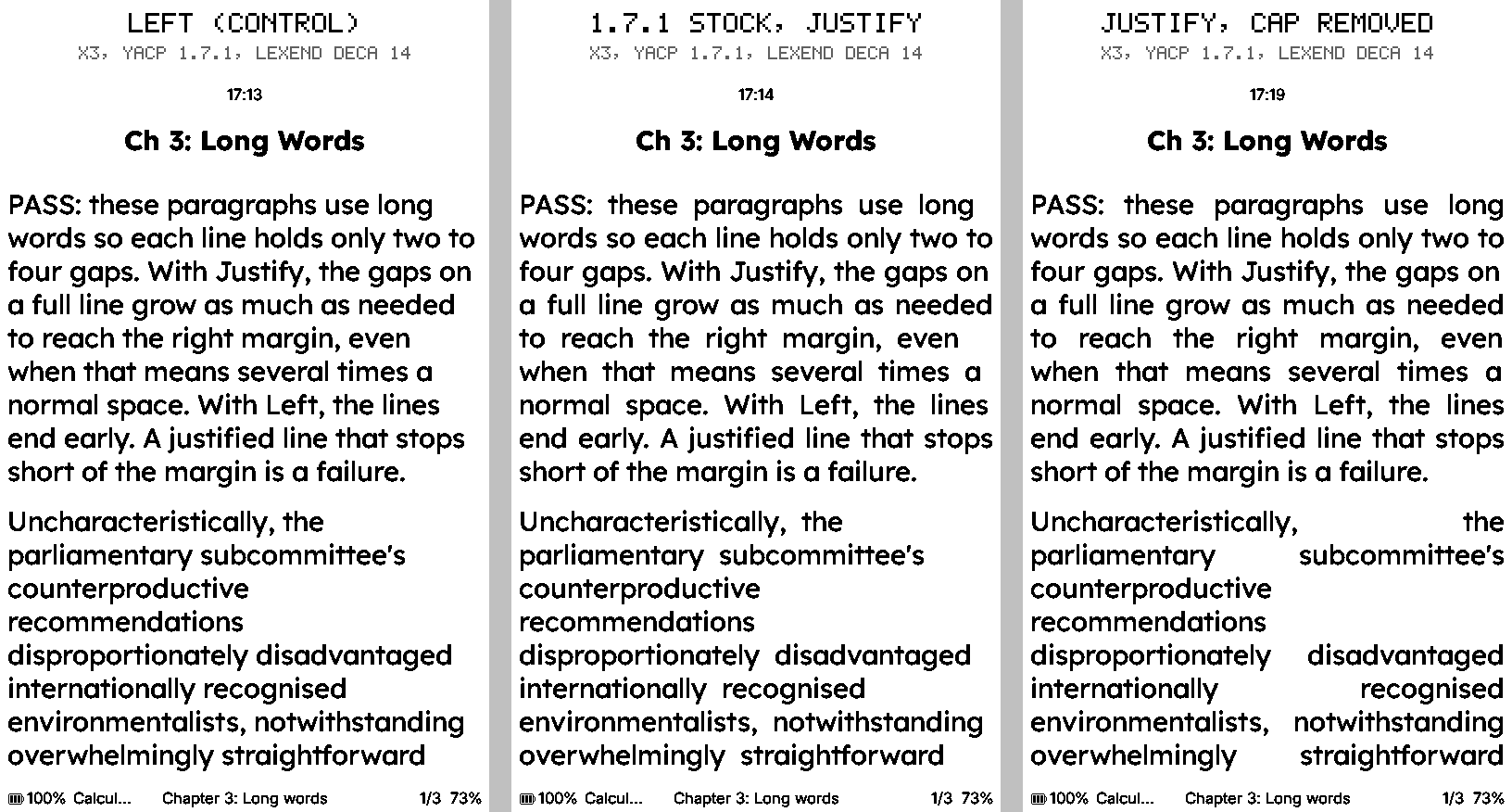 Left alignment, YACP 1.7.1 justification, and restored full justification