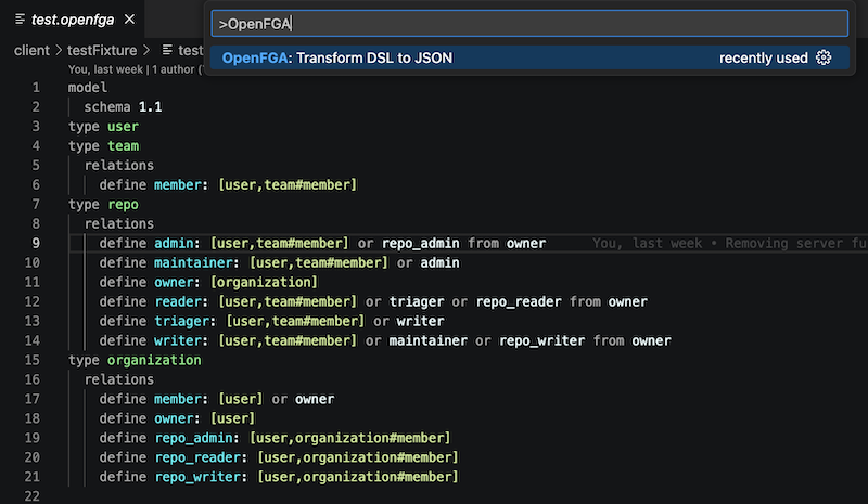 Prompt to execute OpenFGA: Transform DSL to JSON command